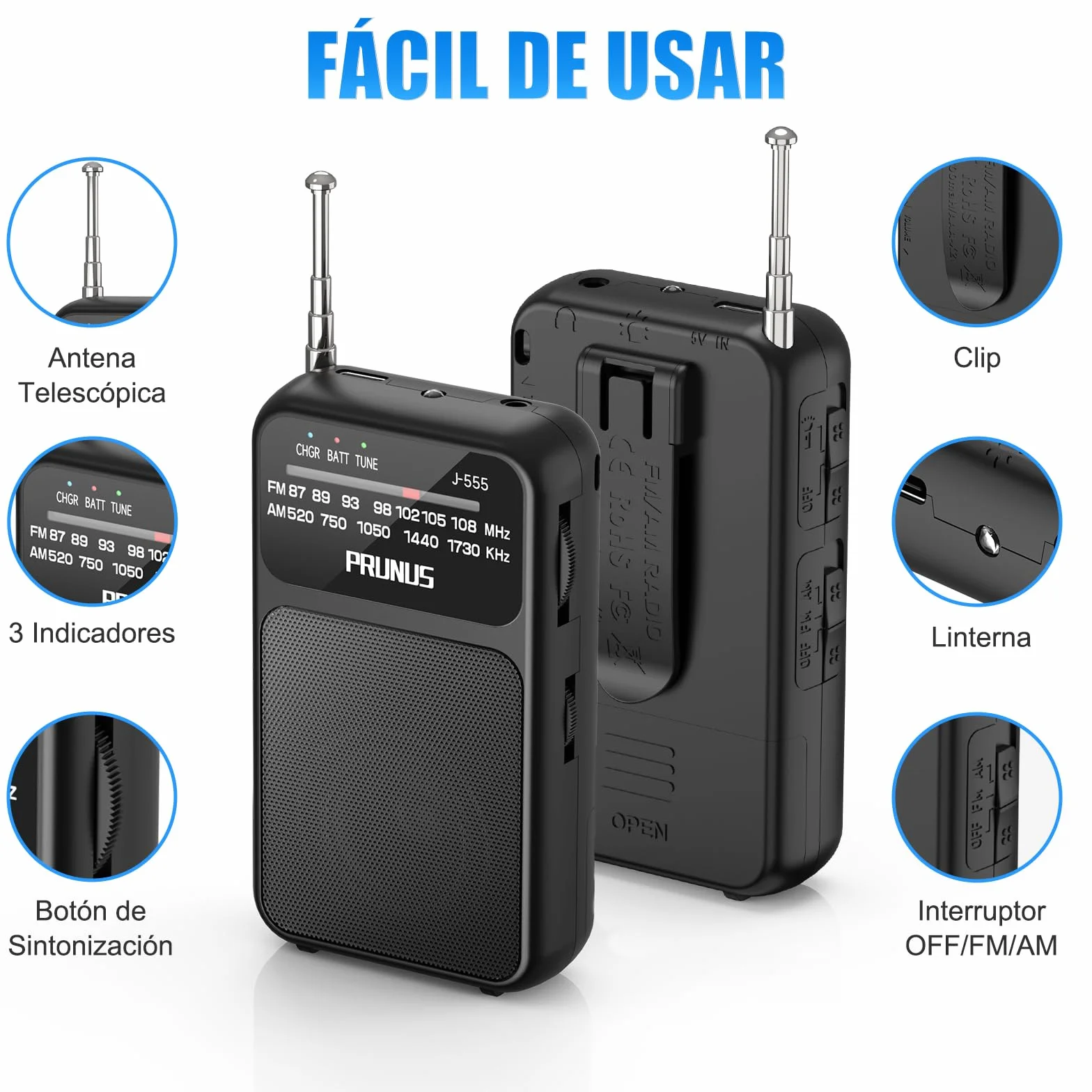 PRUNUS J-555 Am/FM Radio Portatil Pequeña Recargable, Radios Pequeña Pilas, con Toma de Auriculares, Carga USB-C, Transistor Radio de Bolsillo con Clip y cordón para Correr, Acampar. (Negro)