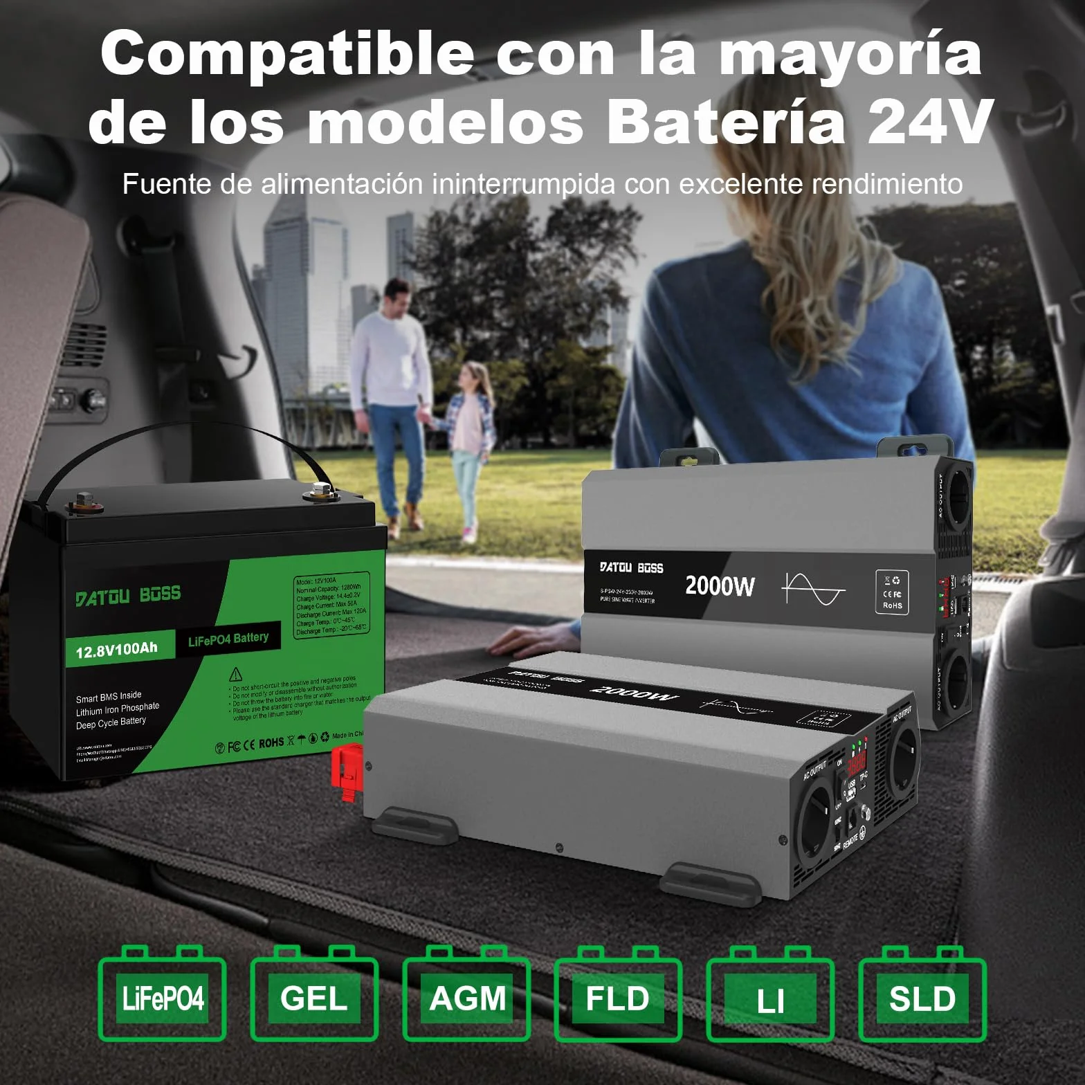 DATOUBOSS Inversor 24V 220V 2000W Onda Sinusoidal Pura, Convertidor 4000W(Pico) con 2 Enchufes de la UE, Transformador con USB-A y USB-C, Pantalla LCD,Mando a Distancia, para Coches, Camiones, Camping
