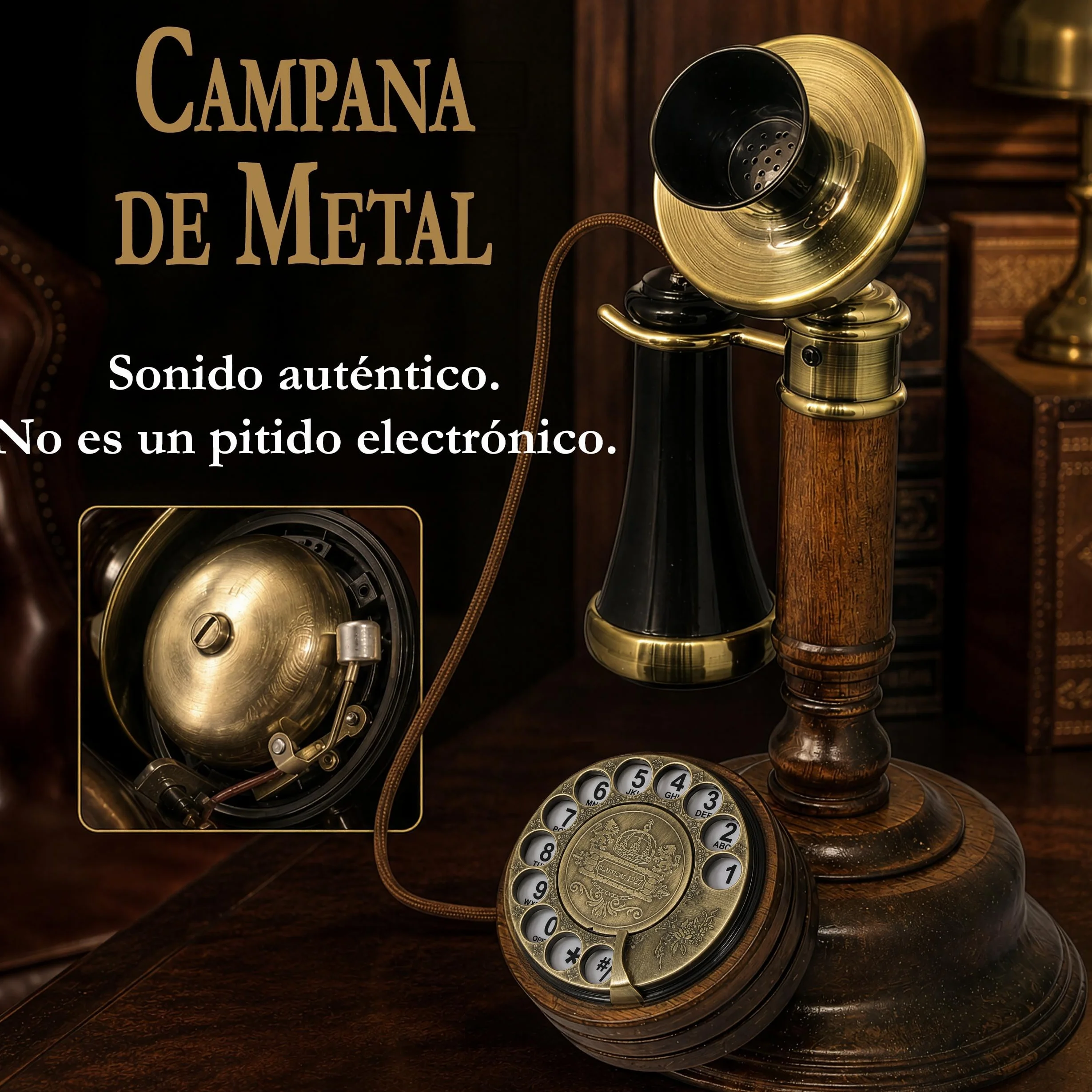 Teléfono Candelabro Vintage de Madera Opis Technology 1921 Cable Modelo C con Dial Giratorio