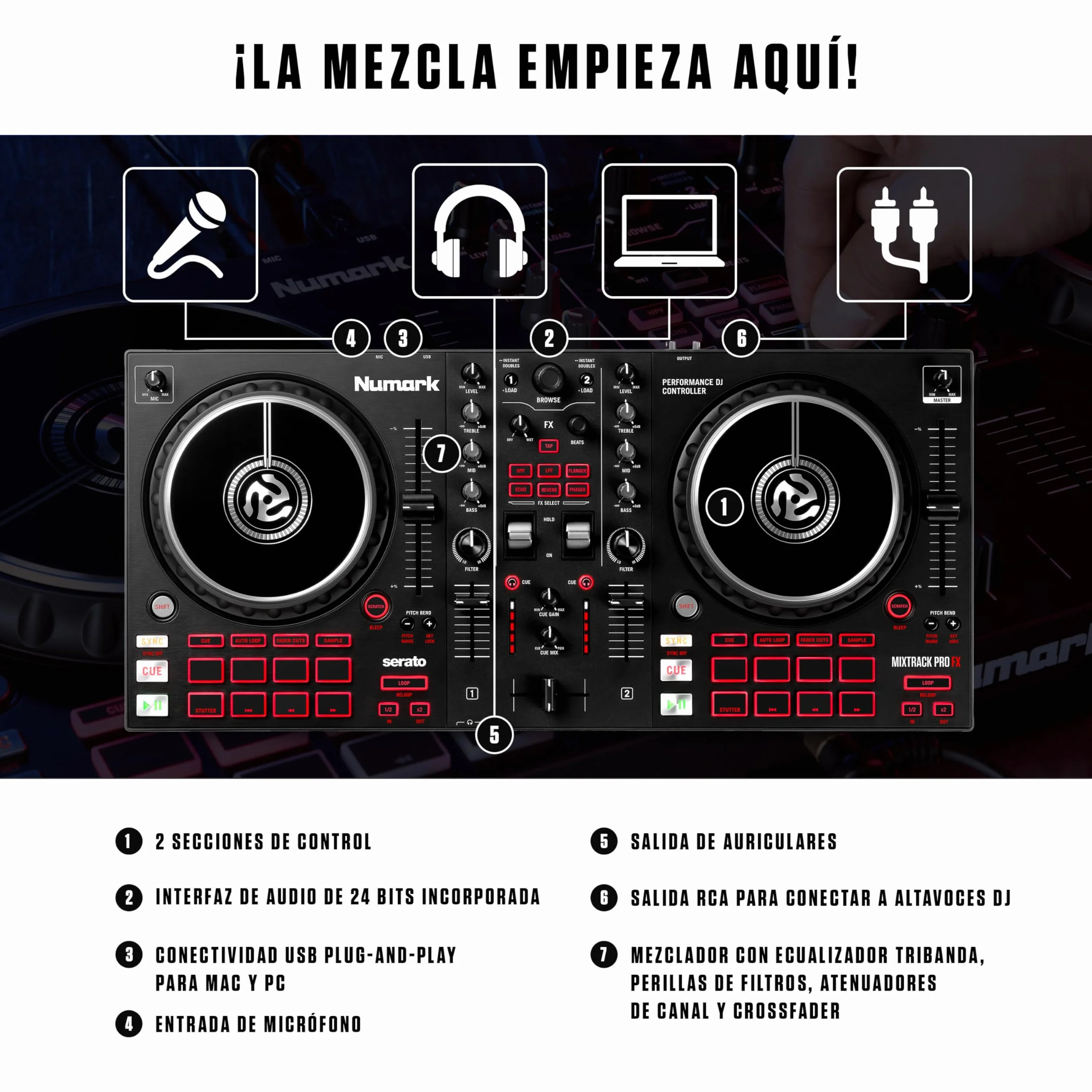 Numark Mixtrack Pro FX Controlador DJ de 2 Secciones para Serato DJ Con Mezclador DJ, Interfaz de Audio Incorporada, Ruedas de Selección Táctiles Capacitivas y Paletas de Efectos