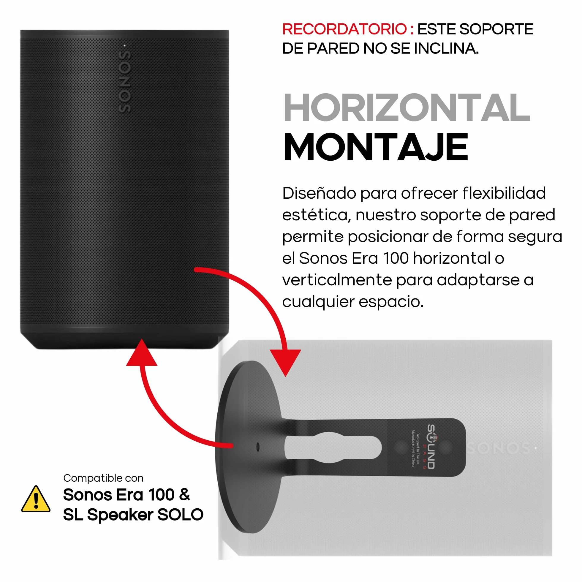 Sound bass Soporte de Pared ERA 100 - Perfil Bajo, Negro, Unidad Individual, Compatible con Altavoz Sonos ERA100 & ERA 100 SL, Completo con Todos los Accesorios de Fijación