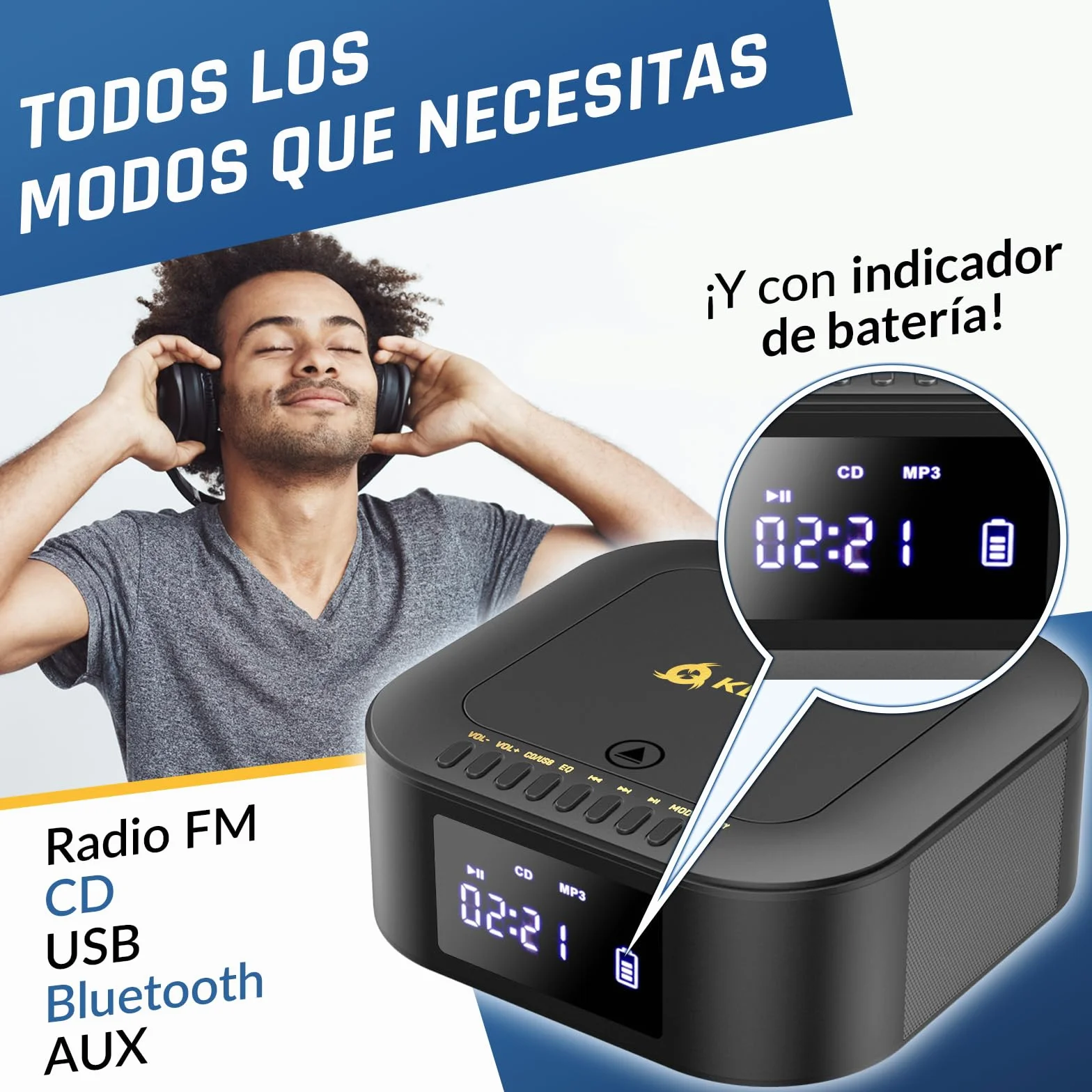 KLIM Boombox E1 Reproductor de CD portátil Bass Boost Subwoofer Radio FM Bluetooth MP3 AUX USB Negro/Dorado