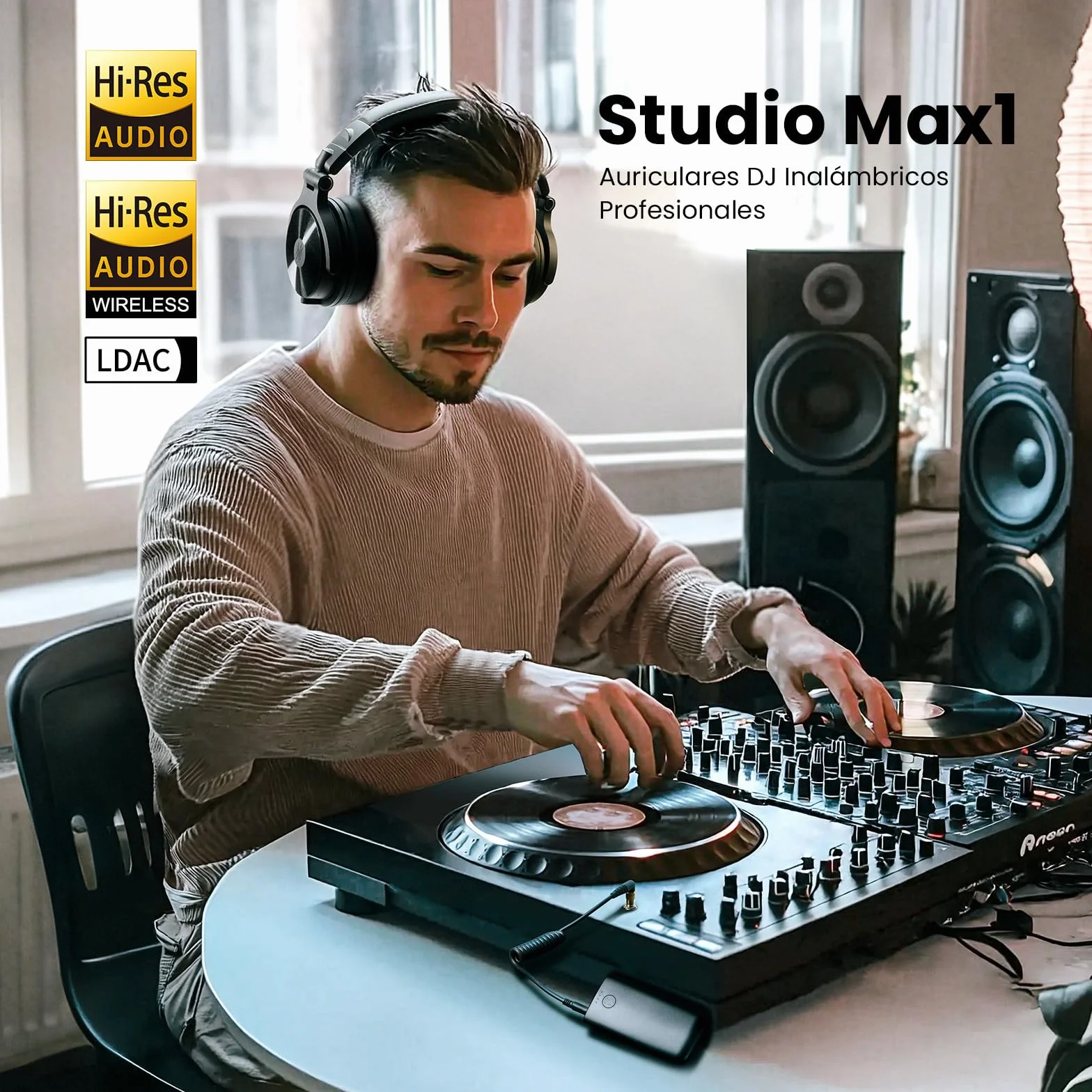 OneOdio Studio MAX 1 Auriculares DJ Inalámbricos, 120H Autonomía, Audio Hi-Res/LDAC, 20ms Baja Latencia, Conexión Dongle/Bluetooth 5.3/3,5 mm/6,35 mm para Monitores, Guitarra, Teclado y Podcast