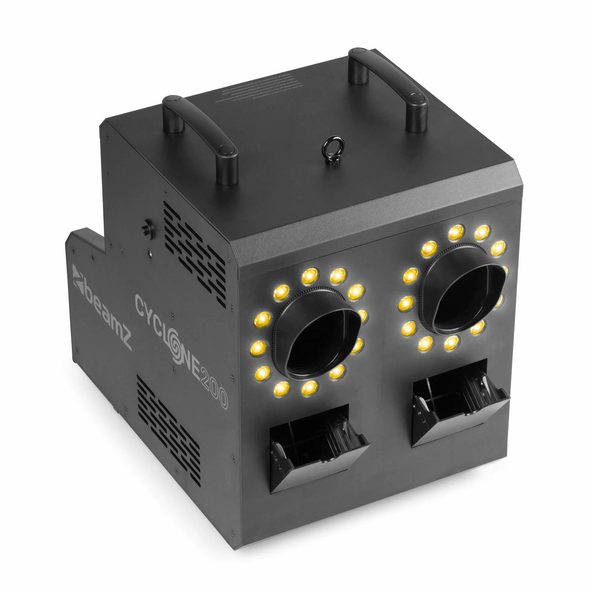 BeamZ Cyclone200 máquina de humo y burbujas con 24 LED RGBW, tanques dobles 1,2 L, caudal 250 m³/min, control DMX 11 canales, panel LCD, temporizador y mando a distancia