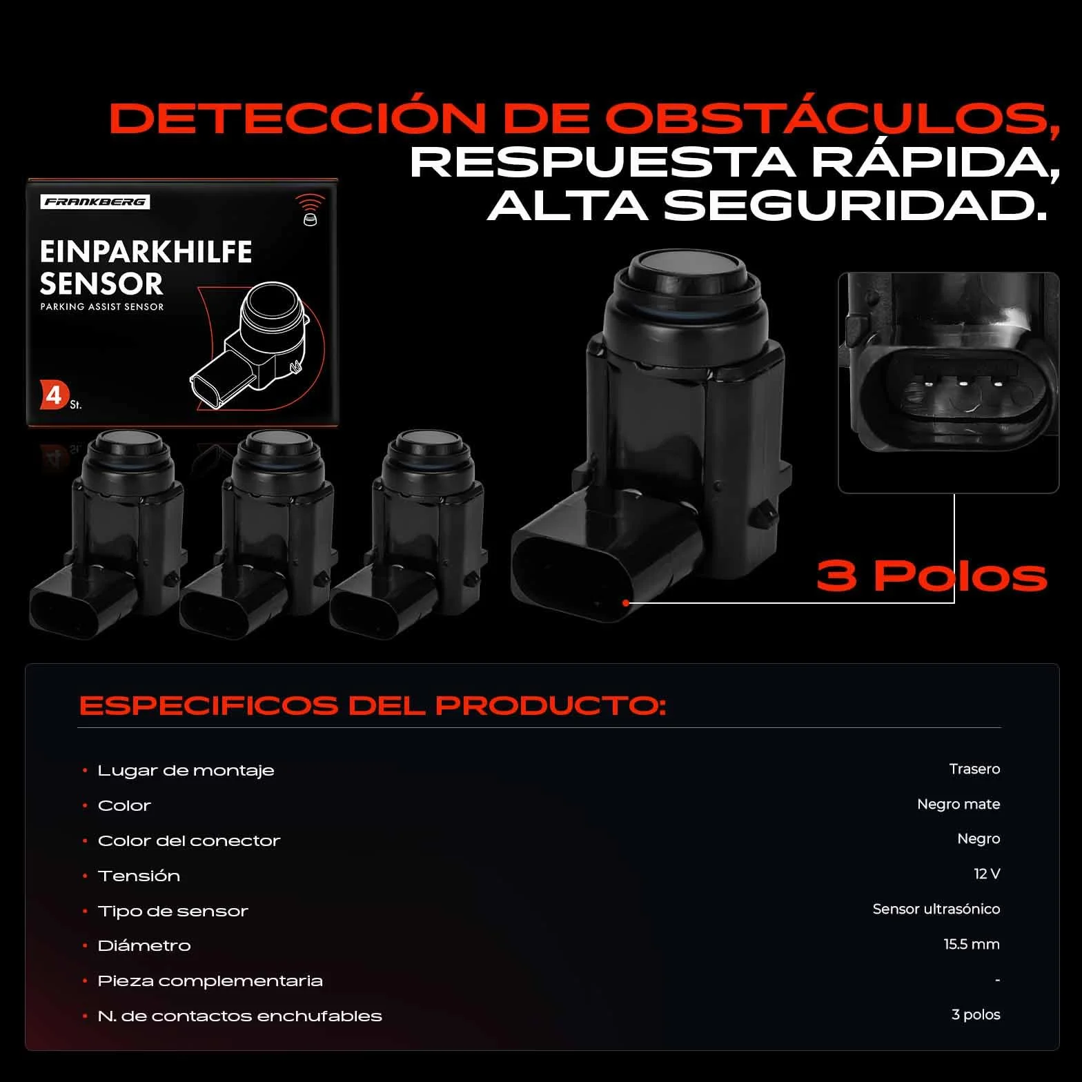 Frankberg 4x Sensor de aparcamiento PDC Compatible con Golf V 1K1 Golf V Variante 1K5 T.o.u.r.a.n 1T1 1T2 Golf Plus 521 5M1 Fabia I 6Y2 Replace# 3D0998275A