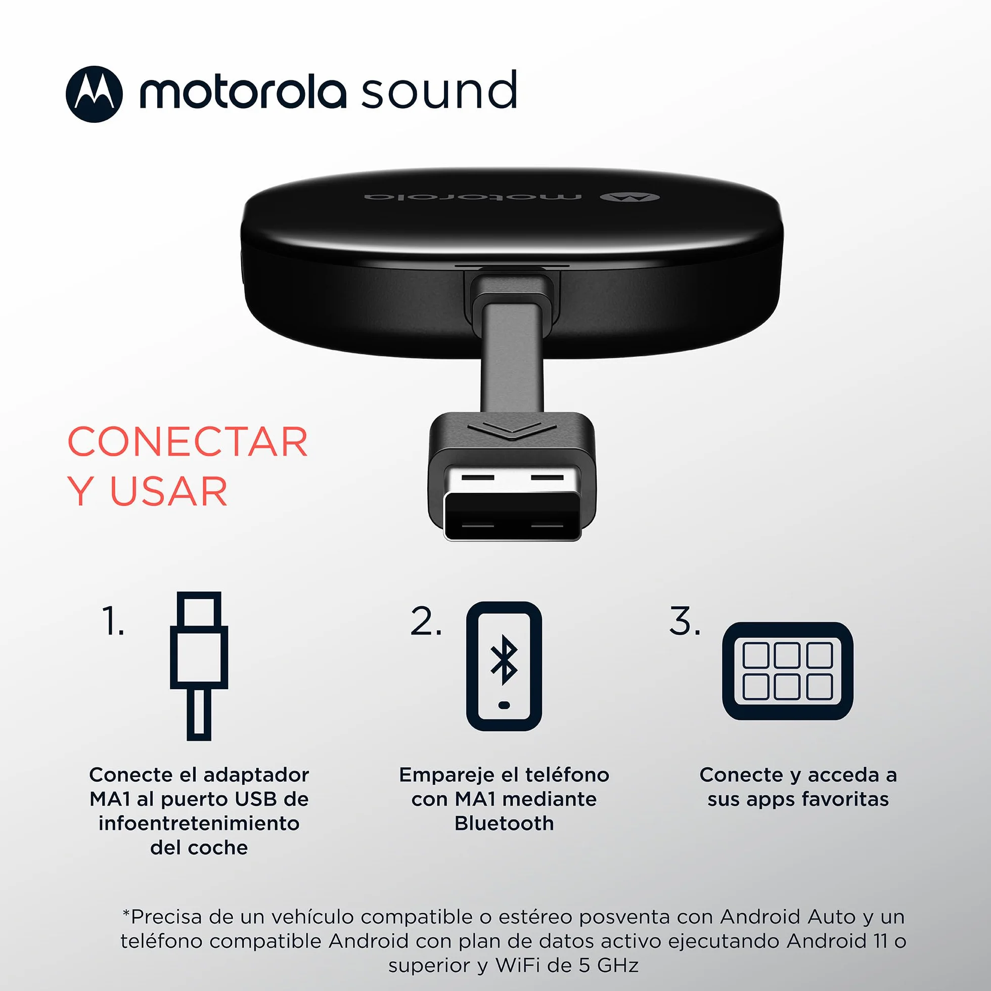 Motorola Sound MA1 - el único Google Autorizado Inalámbrico Android Auto Coche - Conexión instantánea Desde el teléfono Inteligente a la Pantalla del automóvil con configuración fácil