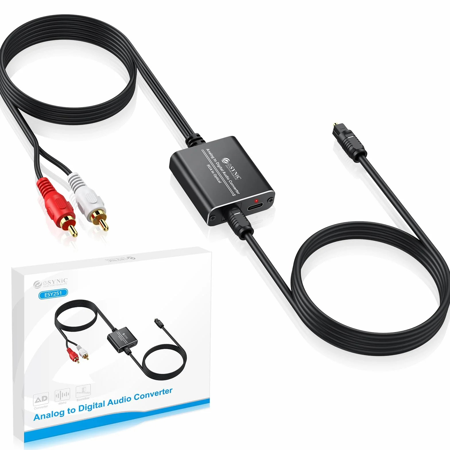 eSynic Convertidor RCA a Óptico, Audio Analógico a Digital, Toslink SPDIF, Aleación de Aluminio, Cable Macho para Barra de Sonido