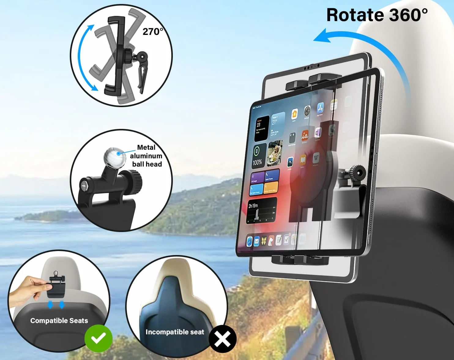 Soporte Tablet Tesla Asiento Trasero, Soporte Tableta Reposacabezas Coche Model Y Model 3 para Niños con Rotación de 360° para iPad Pro 12.9 Air Mini, Galaxy Tab, Fire, Switch, Móvil, 4-13"