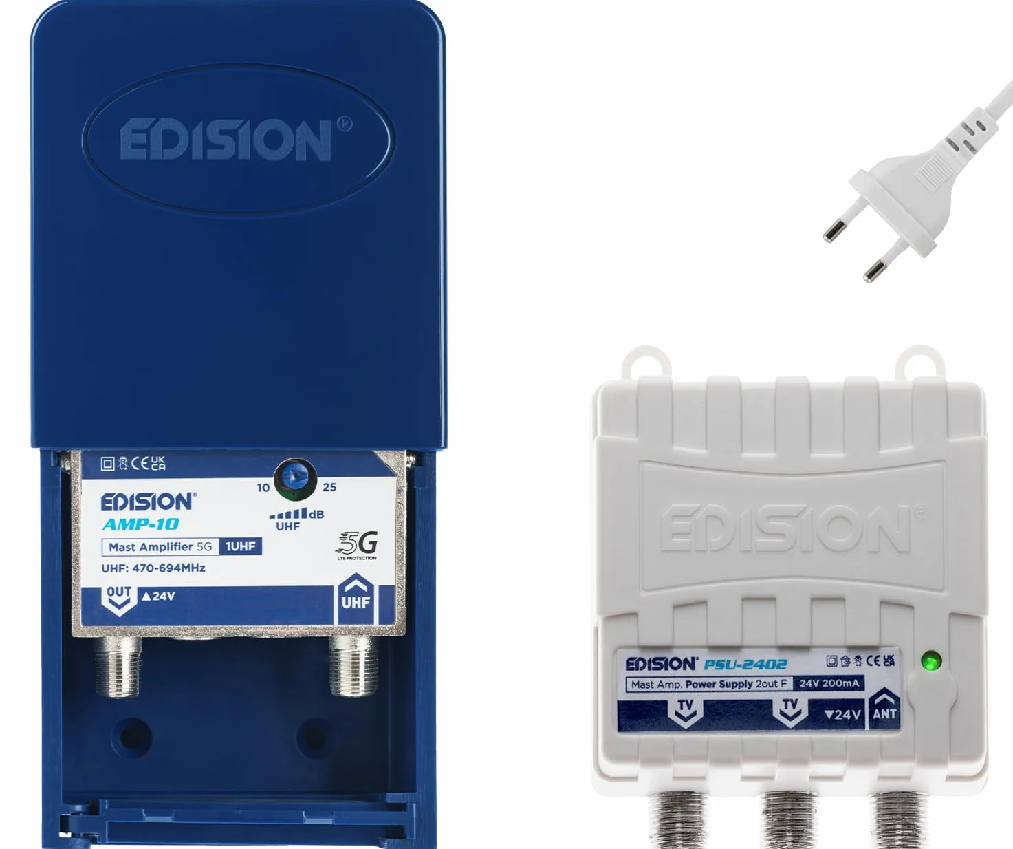 EDISION MAK-100 Kit: Amplificador Antena TV de mástil 1UHF, 10-25db, 107dBmV, 24V, para Digital Terrestre DVB-T/T2, con Filtro 5G LTE, + Fuente de Alimentación 24V 200mA F 2 Salidas
