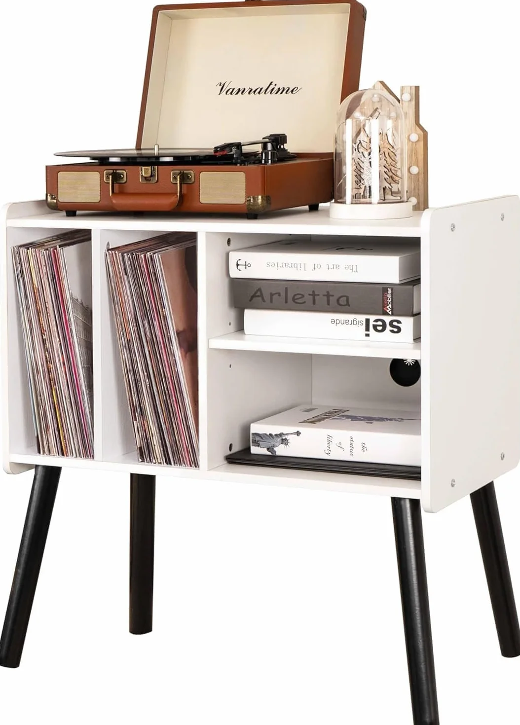 Tocadiscos de mediados de siglo con almacenamiento de vinilo para hasta más de 150 álbumes, armario de vinilo con estantes ajustables, color blanco