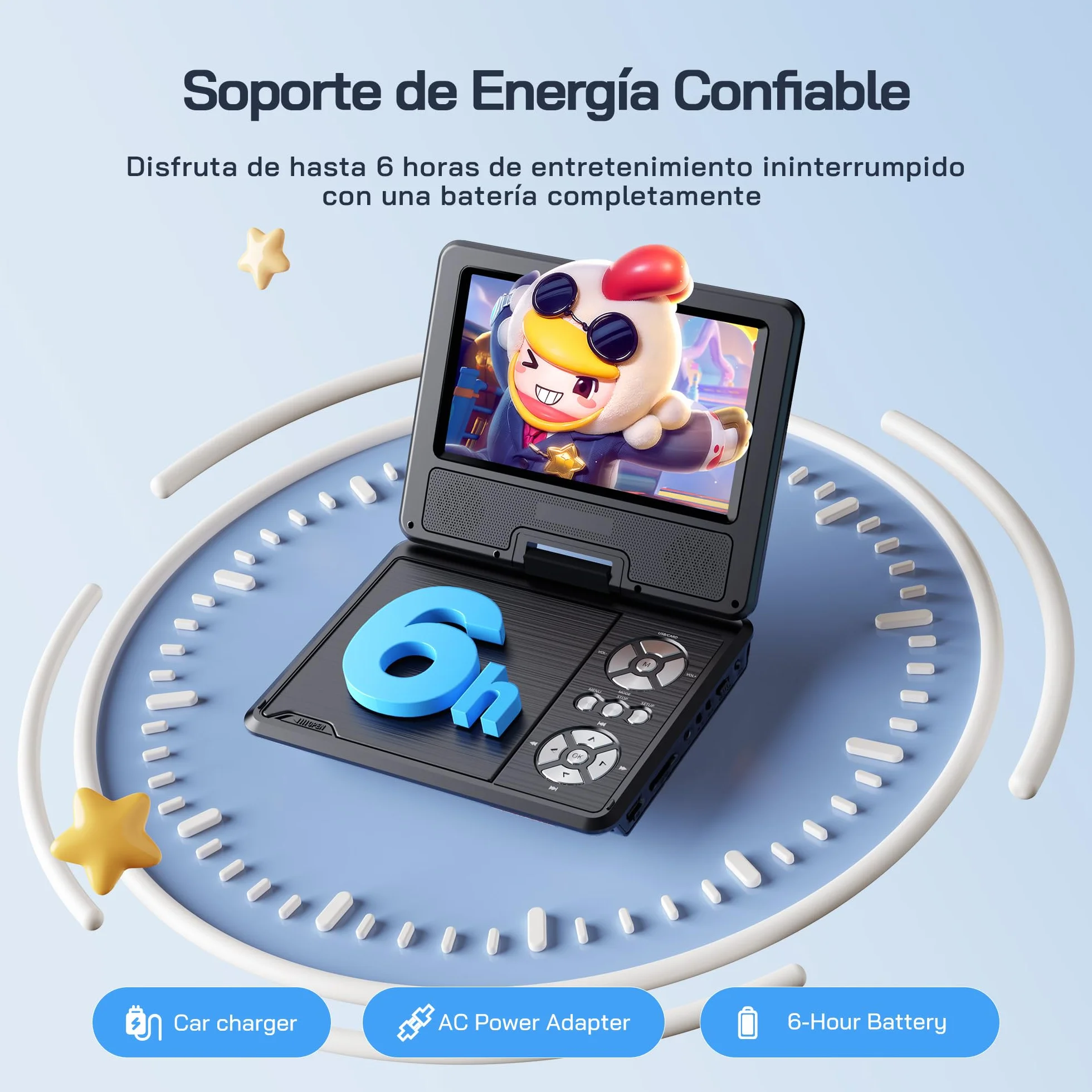 WOLFANG Reproductor de DVD Portátil 9,5 Pulgadas para Coche Pantalla HD Giratoria 7,5 Pulgadas Altavoces Estéreo 6h Autonomía