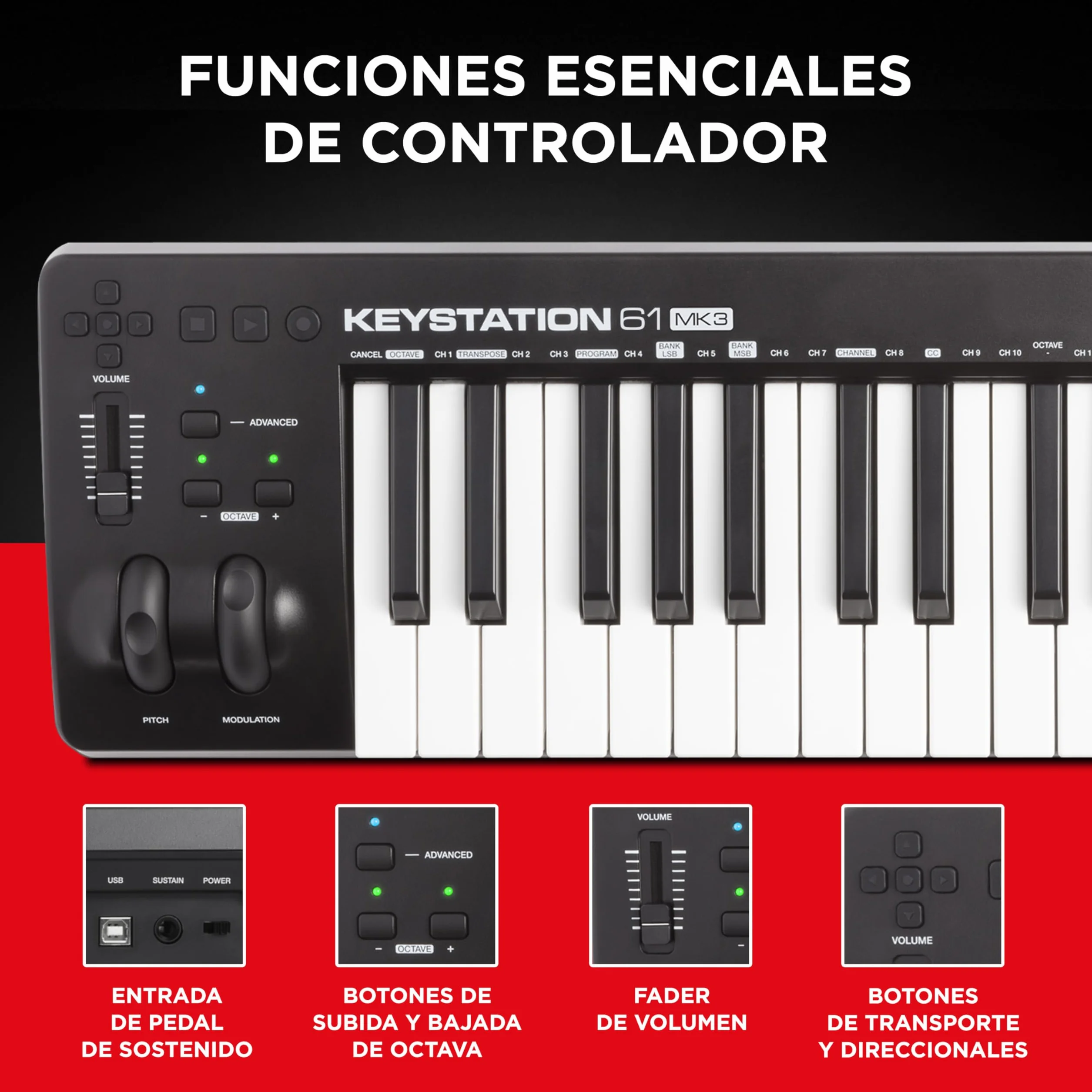 M-AUDIO Keystation 61MK3 Teclado Controlador MIDI Compacto de 61 Teclas con Controles Asignables, Ruedas de Cambio de Tono/Modulación, Conectividad Plug-and-Play (Mac/PC) y Software Incluida