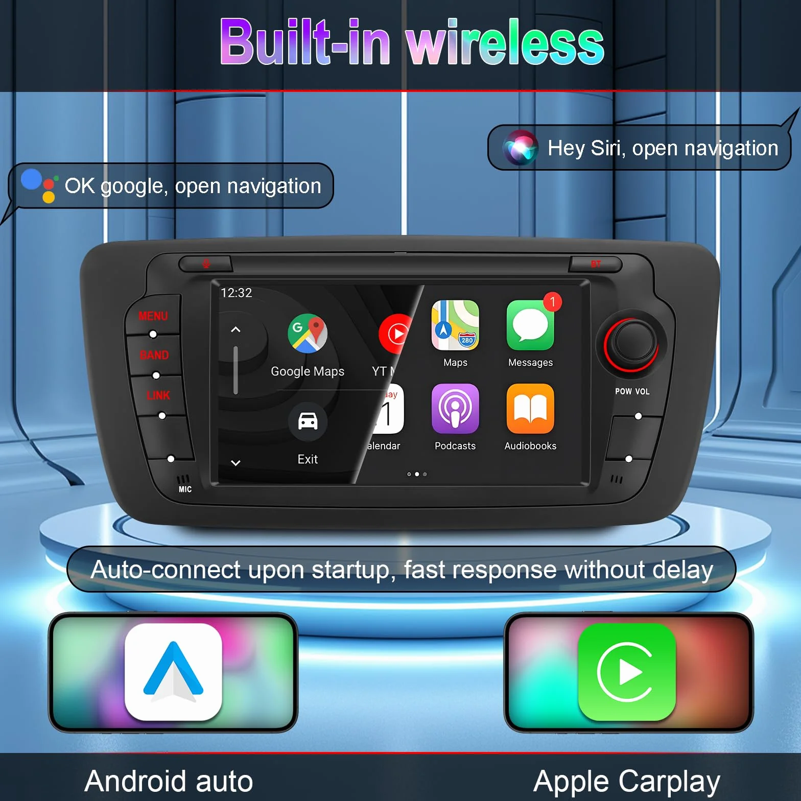 Autoradio Compatible con Seat Ibiza 6j (2009-2014) – CarPlay & Android Auto inalámbricos, Bluetooth Integrado, micrófono, Sintonizador Am/FM RDS, Puerto USB y función DSP/Subwoofer