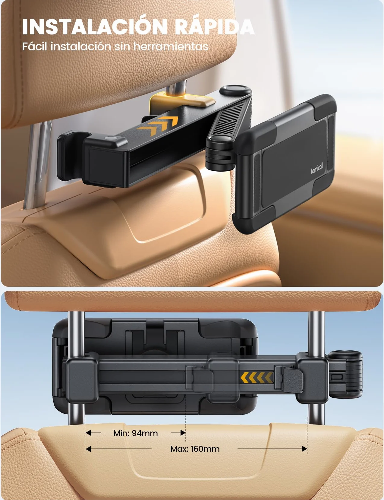 Lamicall Soporte Tablet Coche - [Plegable Clip Silicona Ancho] [Brazo Metálico] Soporte Tablet Reposacabezas Plegable, 360° Rotación, para iPad Pro, Air, Mini 6 5 4 3, Tab, Otros 6,1-13" Dispositivo