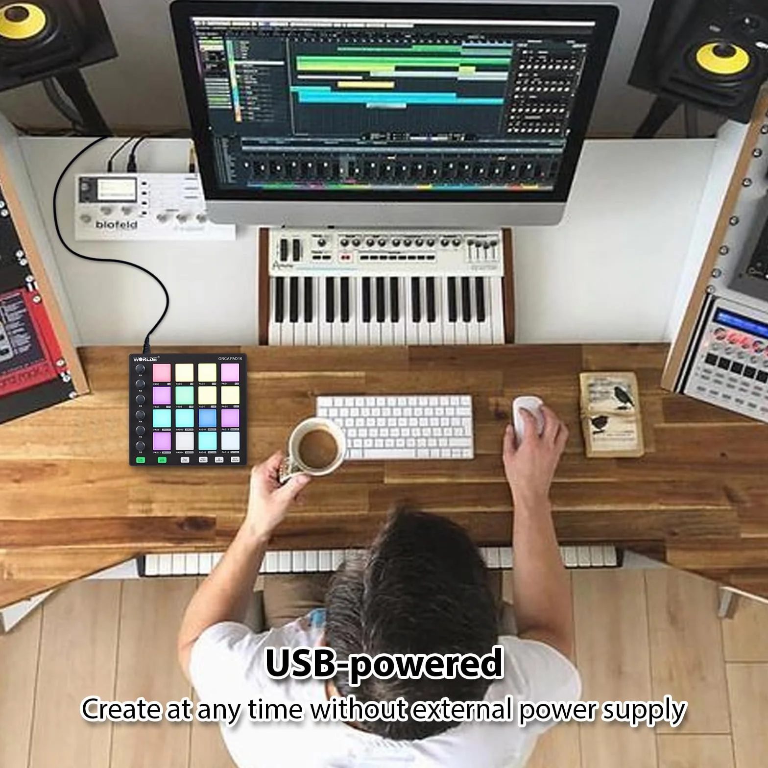 Controlador MIDI, controlador MIDI HUIOP Máquina de Beat Maker 6 perillas asignables, botones de repetición de notas de nivel completo y software de producción, mini controlador MIDI portátil,