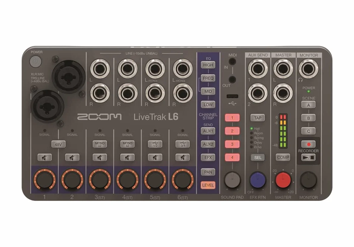 Zoom L6 - Grabador y mezclador de audio digital de 10 canales, 2 entradas combo + 4 estéreo, ecualizador de 3 bandas, 1 salida maestra - Adaptador de red AD-17 integrado y cable USB