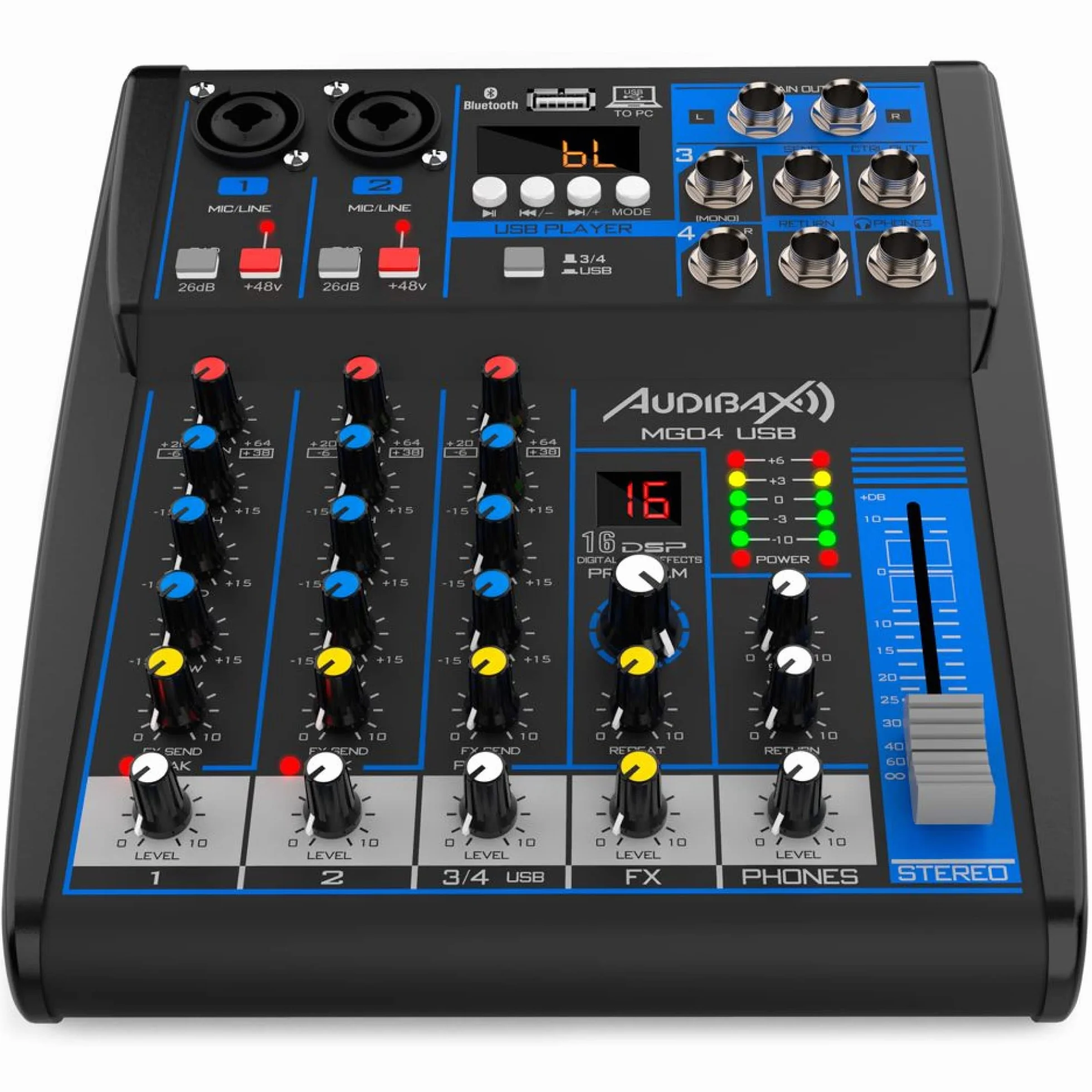 Audibax MG04 USB Mesa Mezclas con 4 Canales Bluetooth, MP3, USB Rec y Efectos