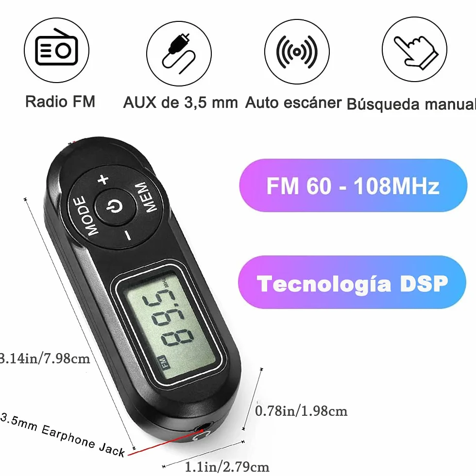 Radio Portátil FM de Bolsillo con Pantalla Digital LCD, Auriculares, Presintonías