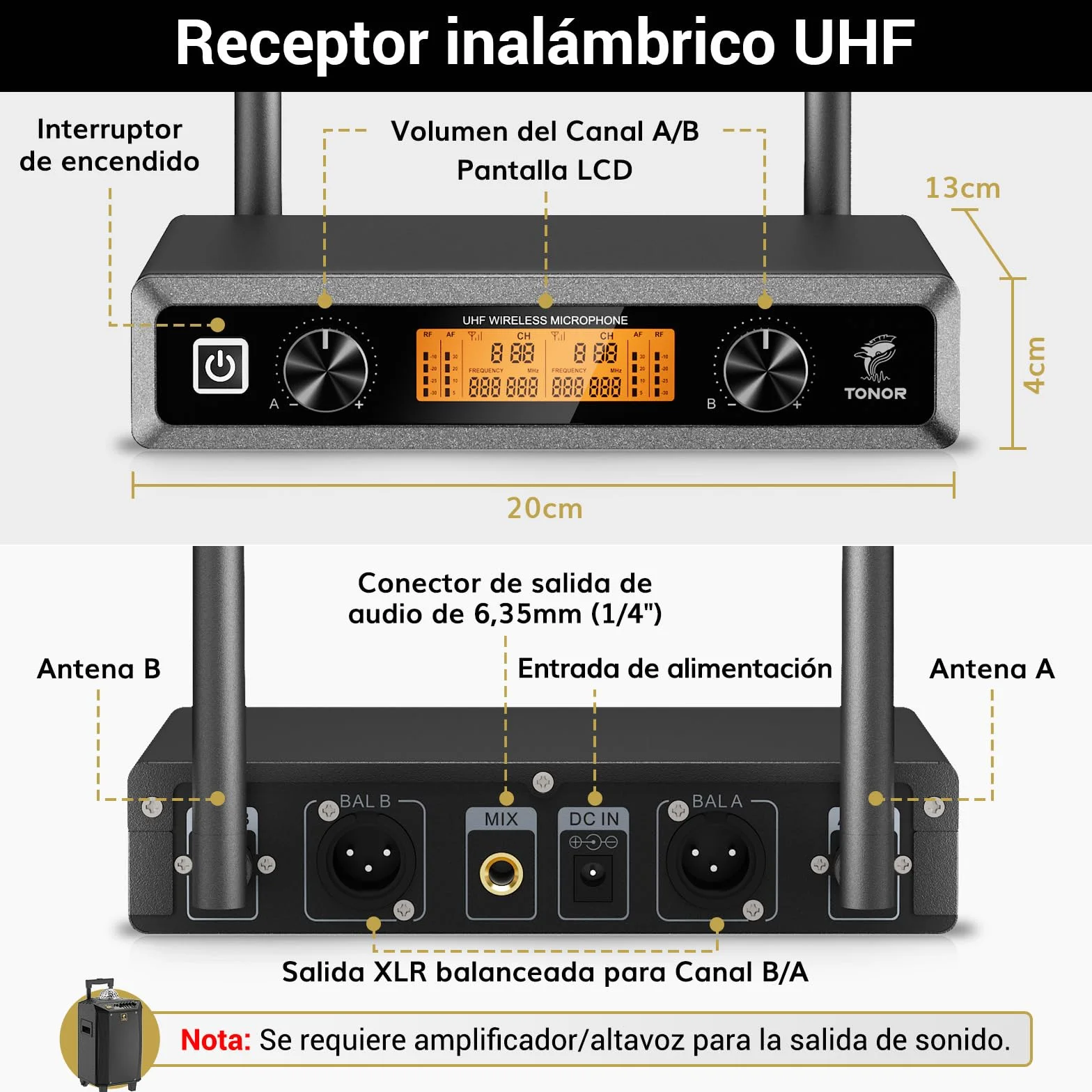 TONOR Micrófono Inalámbrico Dual Sistema de Micrófono Inalámbrico de Mano Profesional UHF, Set KTV Hogar para Karaoke, DJ, Fiesta, 60 Metros, TW820, Plata