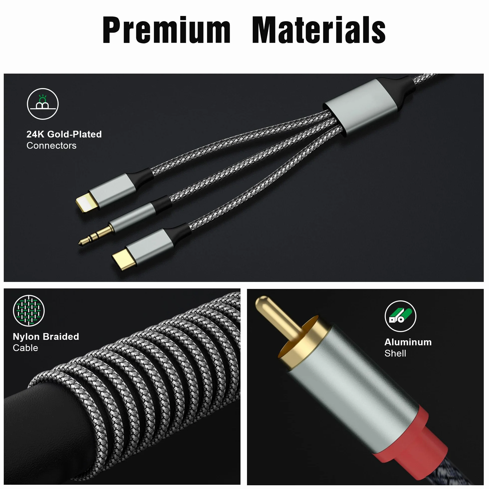 Cable Cinch para iPhone, Cable Jack a 2RCA，Cable USB C a 2RCA(3 en 1 cable RCA) para teléfono Tablet PC Reproductor de MP3, Pod, Amplificador, Altavoz Compatible con Lightning