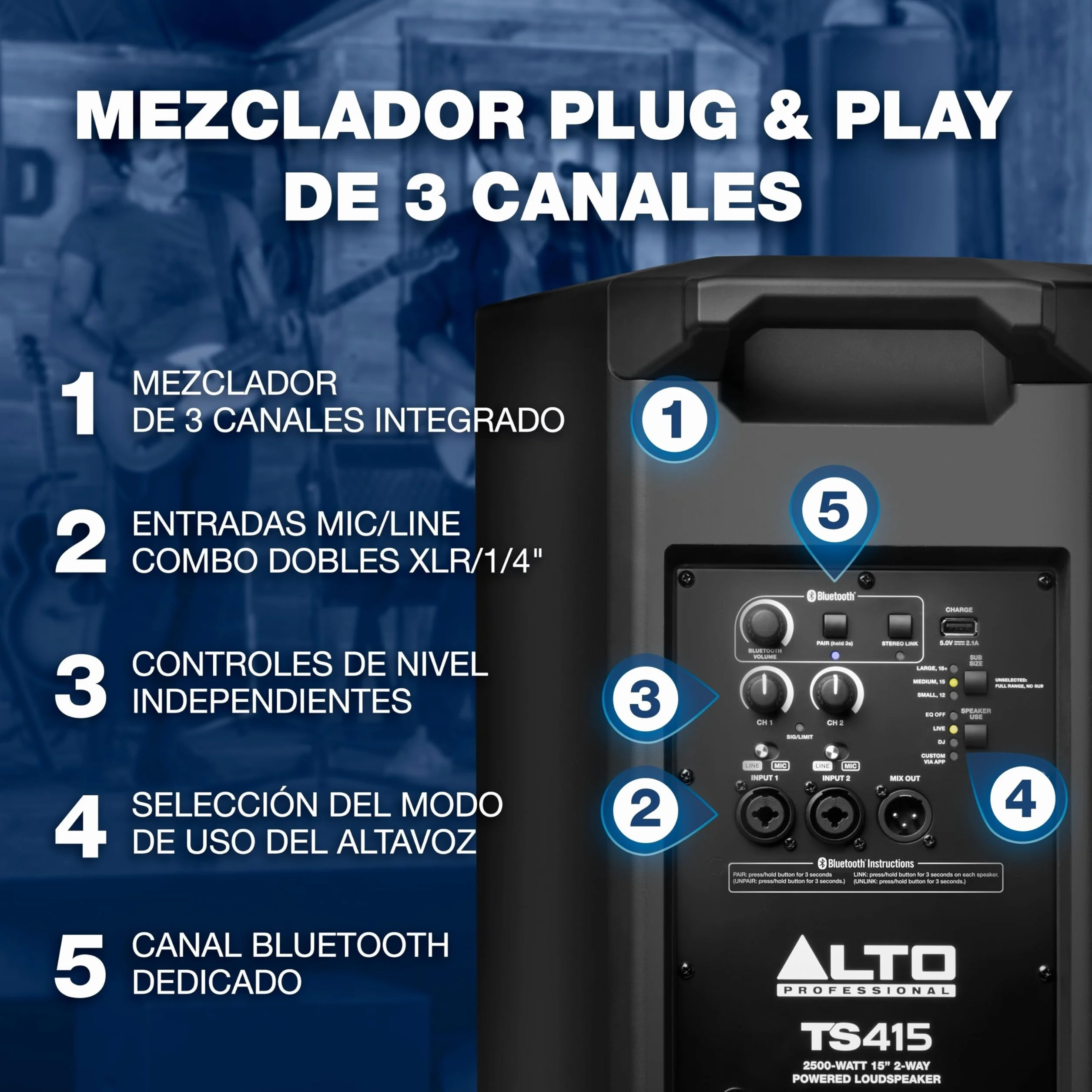 ALTO TS415 Altavoz Autoamplificado 2500W 15 Pulgadas con Mesa de Mezclas de 3 Canales, Streaming Bluetooth, Emparejamiento Inalámbrico de Altavoces, DSP y App