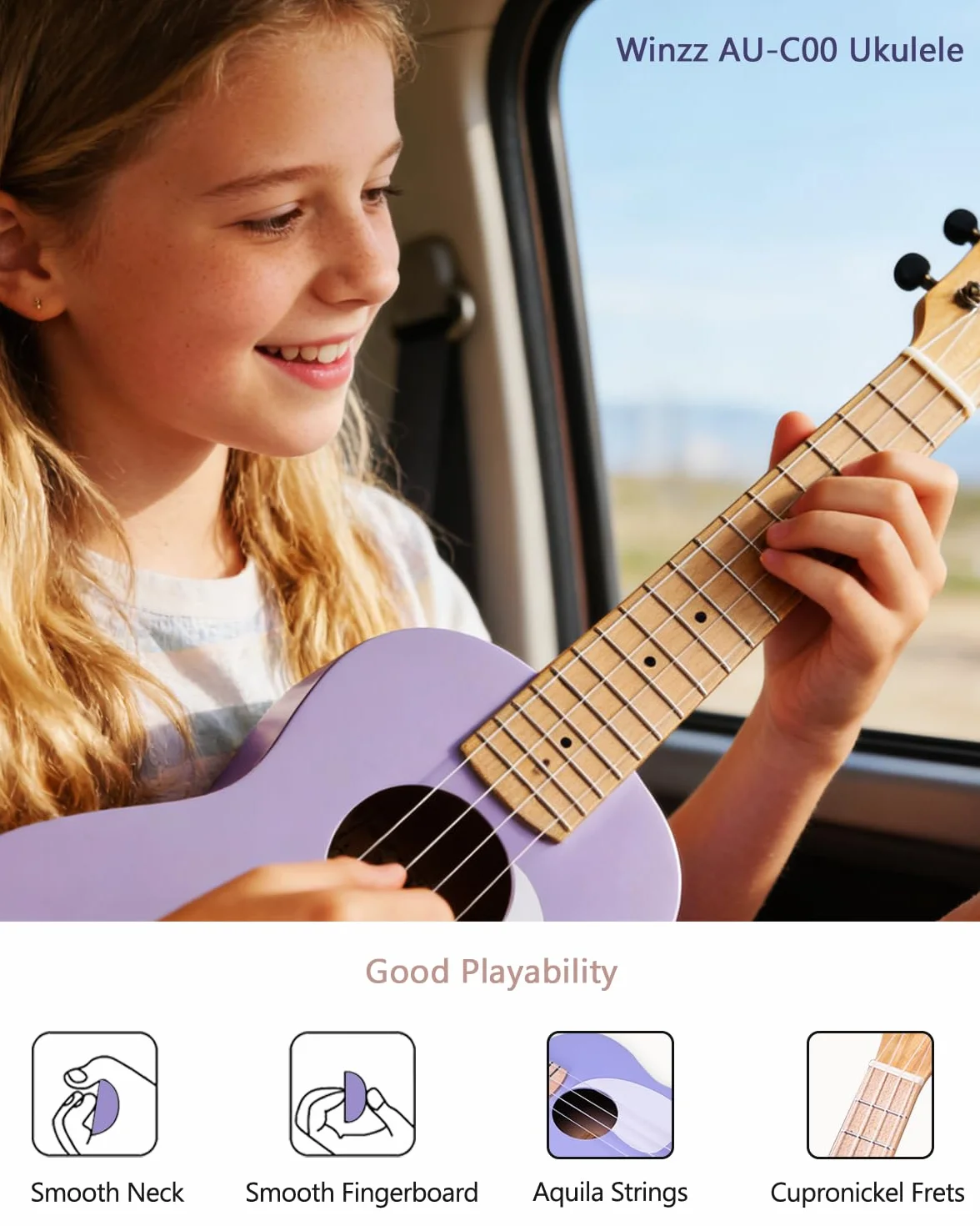 Winzz Ukelele Soprano Infantil, Ukelele Set para Niños y Adulto Principiante, con 9 Accesorios, 21 Pulgadas 4 Cuerdas (Color: Violeta, Madera)