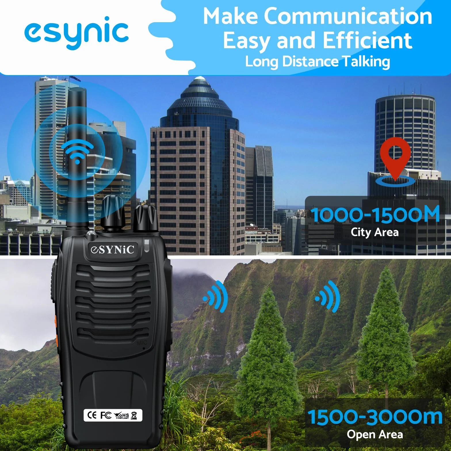 eSynic 4PCS Walkie Talkie Recargable 16 Canales Walkie Talkie de Largo Alance con Auriculares Originales CTCSS DCS Walky Talky Admite VOX LED Linterna para Ciclismo y Senderismo,etc