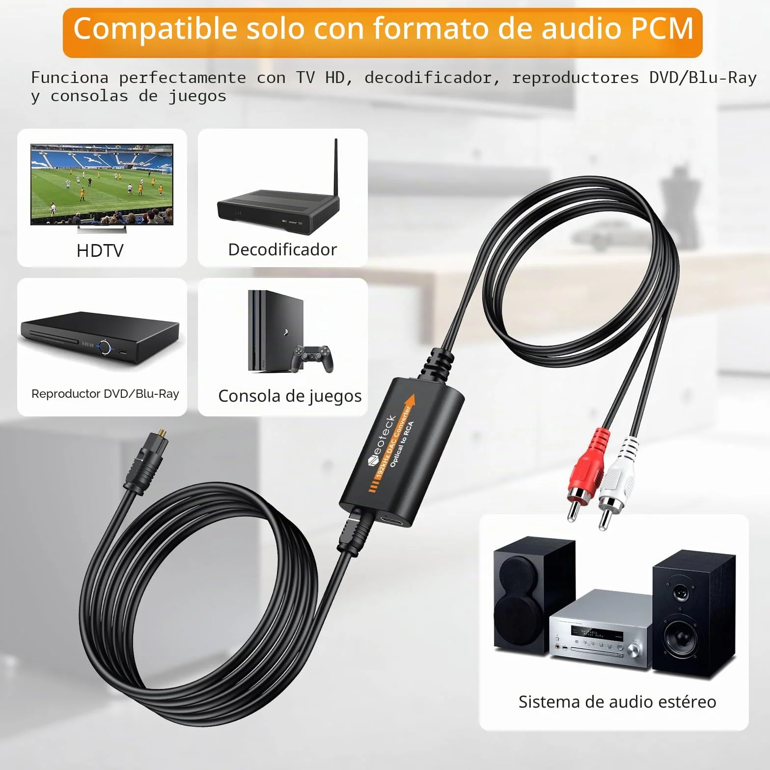 Neoteck 192kHz DAC Convertidor 5.9ft/1.8m Cable Óptico a RCA con Chip Amplificador de Audio SPDIF Toslink a RCA Adaptador para HDTV Set Top Box DVD Reproductor Blu-ray-Salida Macho
