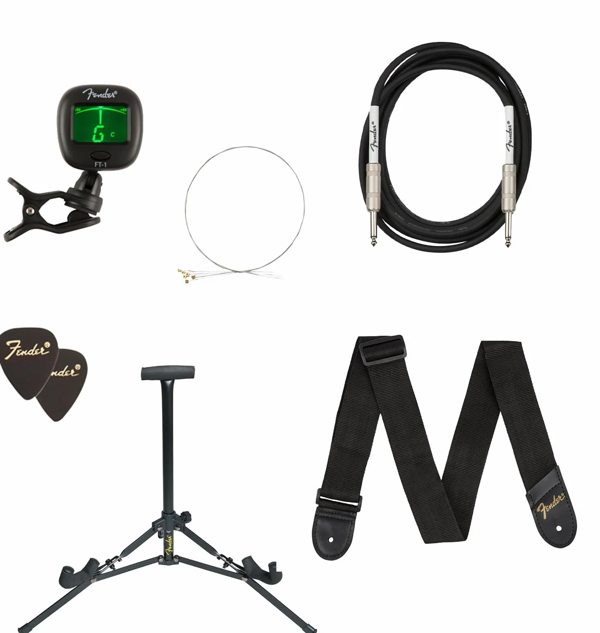 Una guitarra eléctrica Squier Stratocaster Serie Debut, amplificador Frontman 10G, funda acolchada, correa, cable, púas, soporte para guitarra, afinador de clip y un pack de cuerdas adicionales.