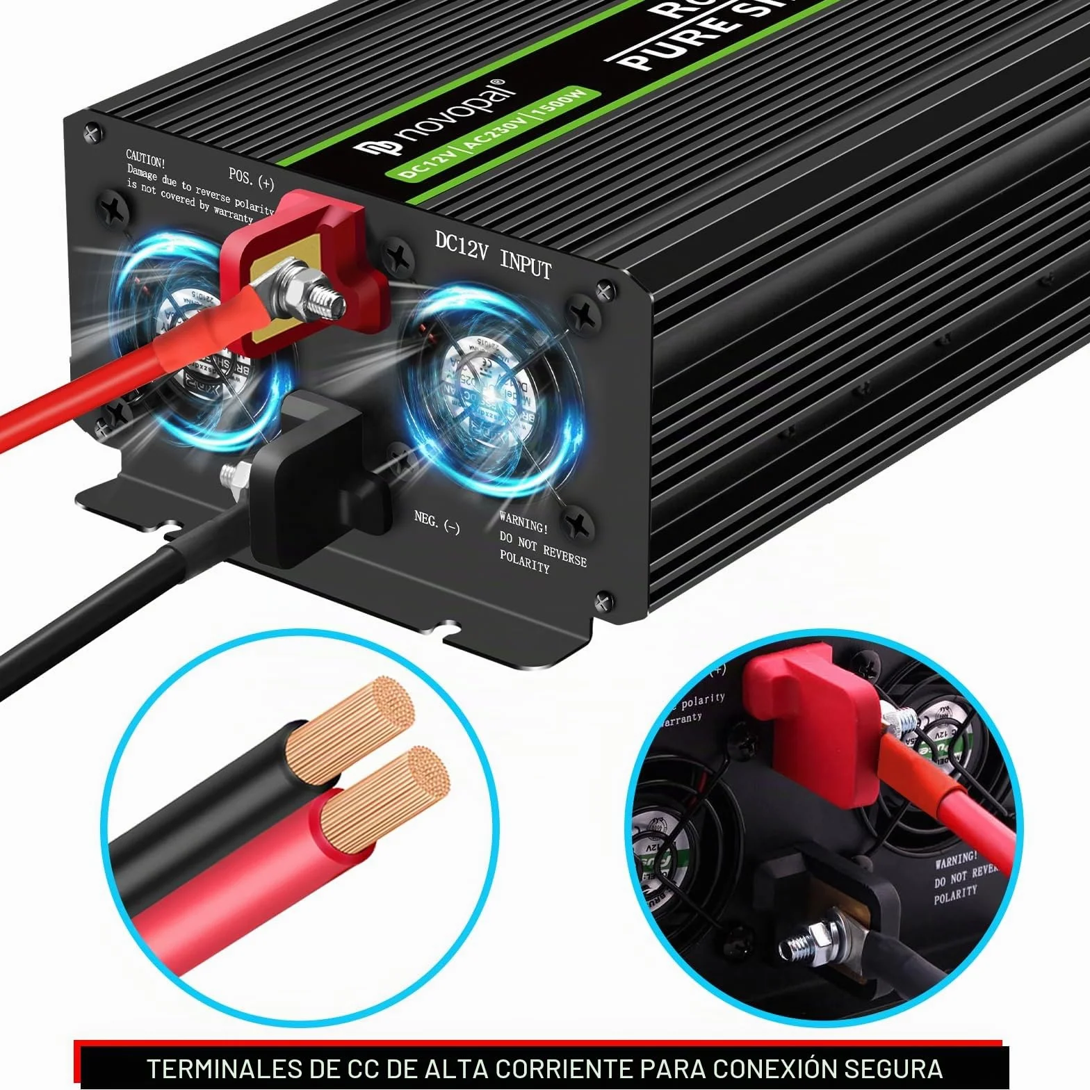 NOVOPAL 1500W Convertidor de Voltaje de Onda Sinusoidal Pura de Coche-Convertidor de Coche 12v a 230v Convertidor - Convertidor de Inversor con 2 Enchufes EU y Puerto USB
