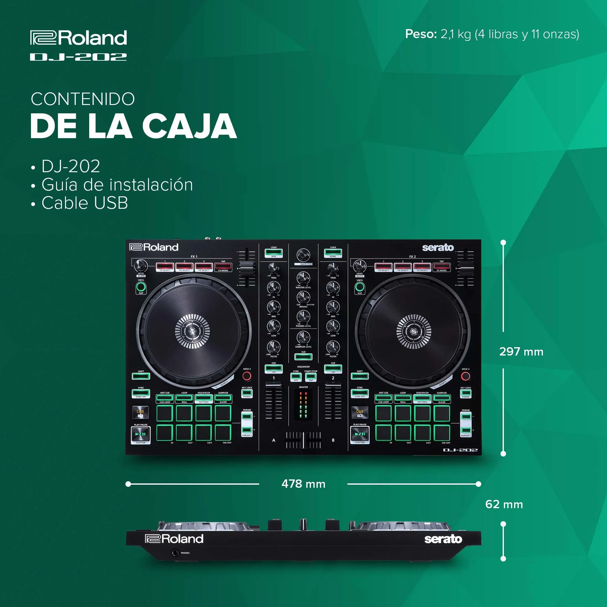 Roland DJ-202 Controlador de DJ compacto | Controlador de 4 decks y 2 canales para Serato DJ Lite | Platos grandes y de baja latencia | Míticos sonidos de baterías Roland | Compatible con Spotify