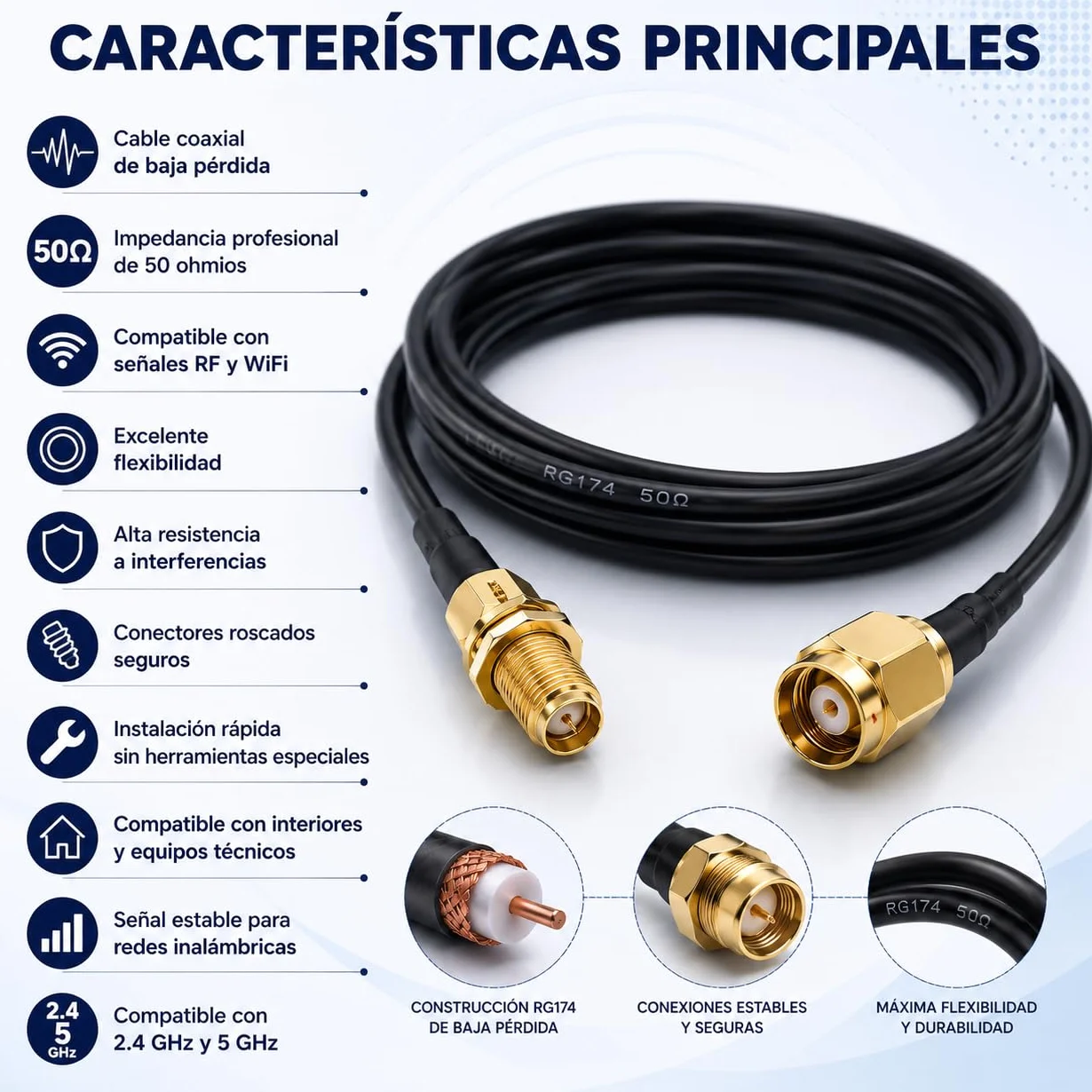 CABLEPELADO Cable de antena extensión de RP-SMA macho a hembra, Cable de antena wifi de baja pérdida, Cable Coaxial Extensión Antena WiFi, Cable Tarjeta de Red wifi, Negro, 2 Metros