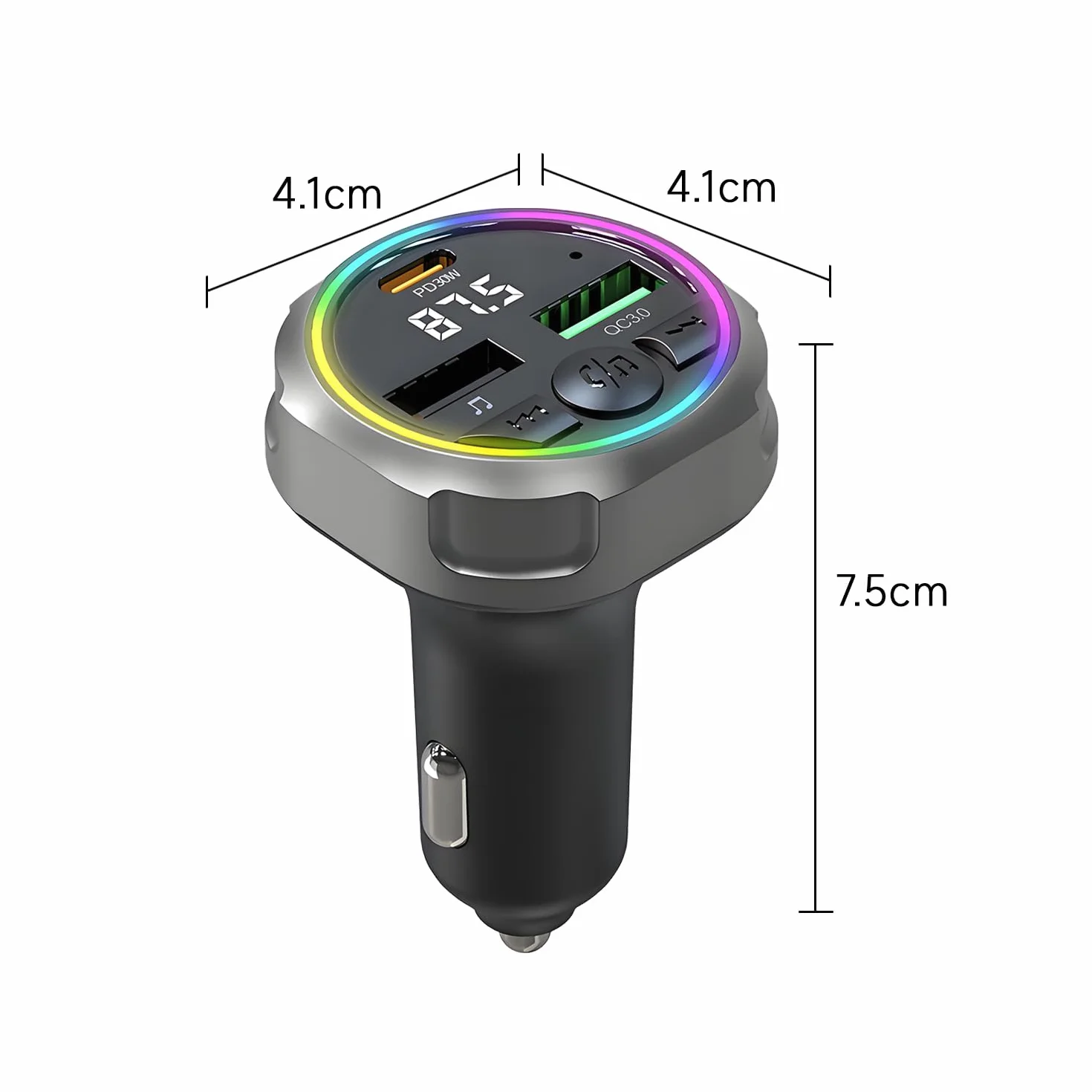 Qumox Transmisor FM Bluetooth 5.3 para Coche, Cargador PD 30W + QC3.0, Luz Ambiental RGB, Puertos USB Dobles, Manos Libres, Audio Hi-Fi, Compatible con iPhone/Samsung/Todo Tipo de Vehículos