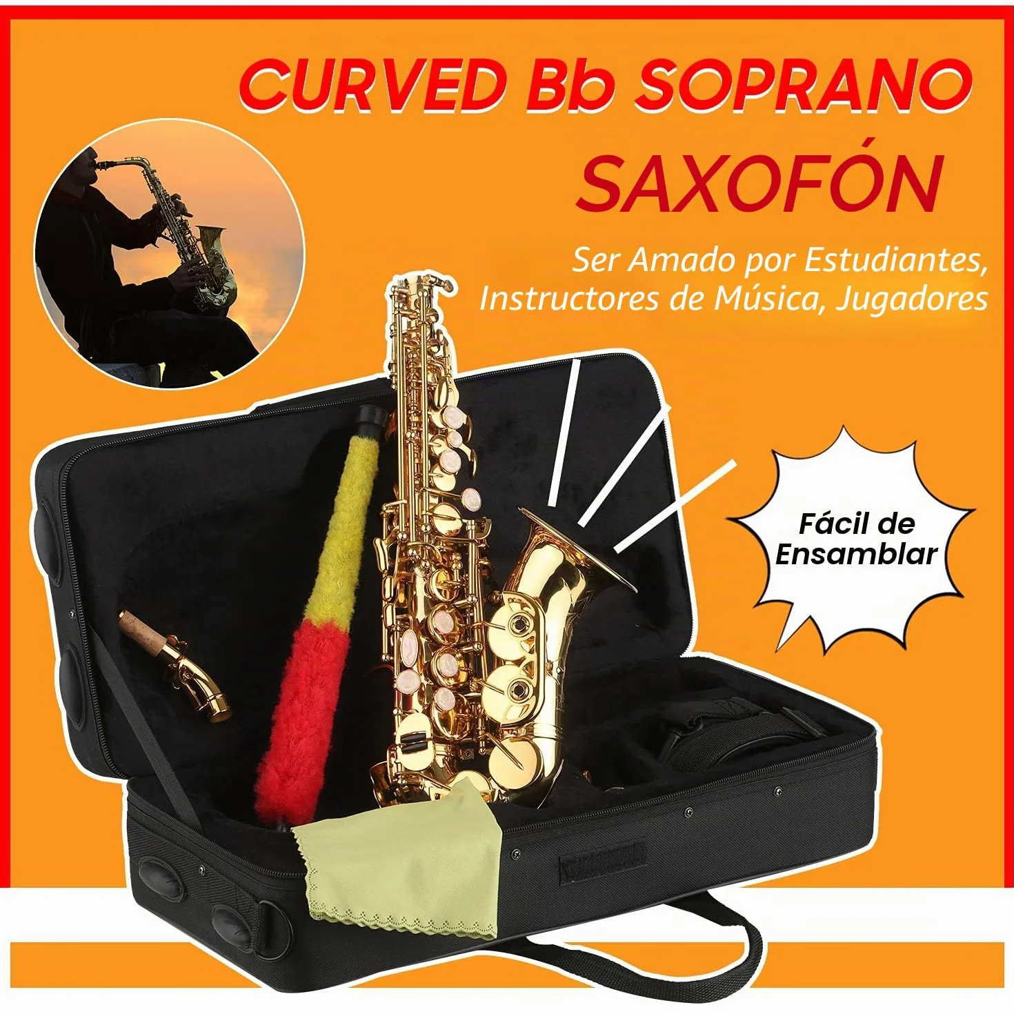 Saxofón Soprano BB Saxofón de latón Lacado en Oro con Estuche para Instrumentos Boquilla Correa para el Cuello Paño de Limpieza Cepillo para músicos Principiantes,saxófono