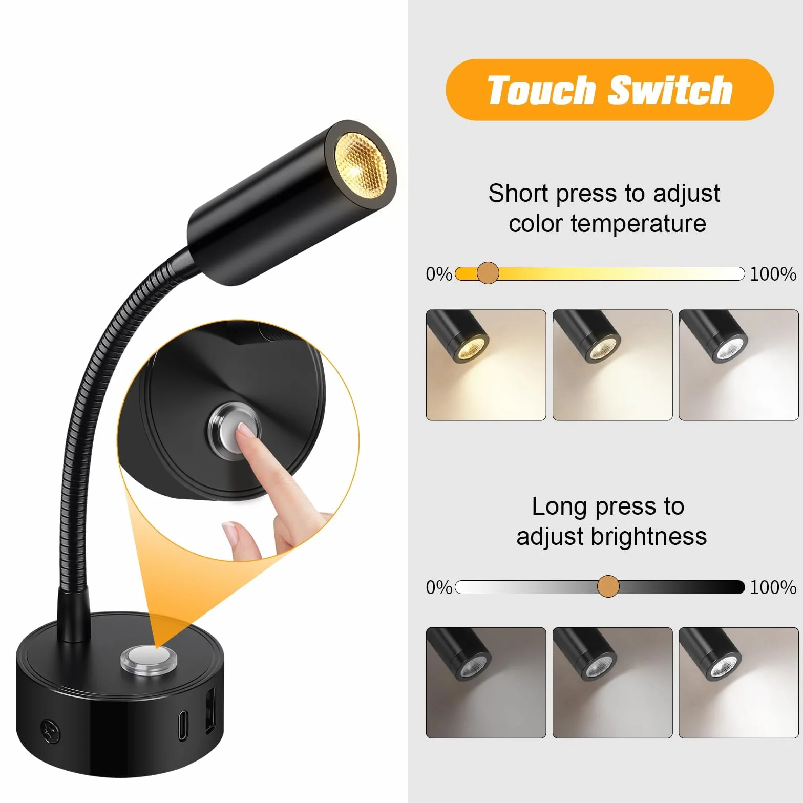 ERWEY 2pcs LED Lámpara de Lectura 12V Autocaravana, Táctil Regulable 3000K-6000K Brillo Ajustable, 360 ° Flexible Cuello de Cisne Luz de Cama Conectores USB A + C Barco Iluminación Interior, Negro