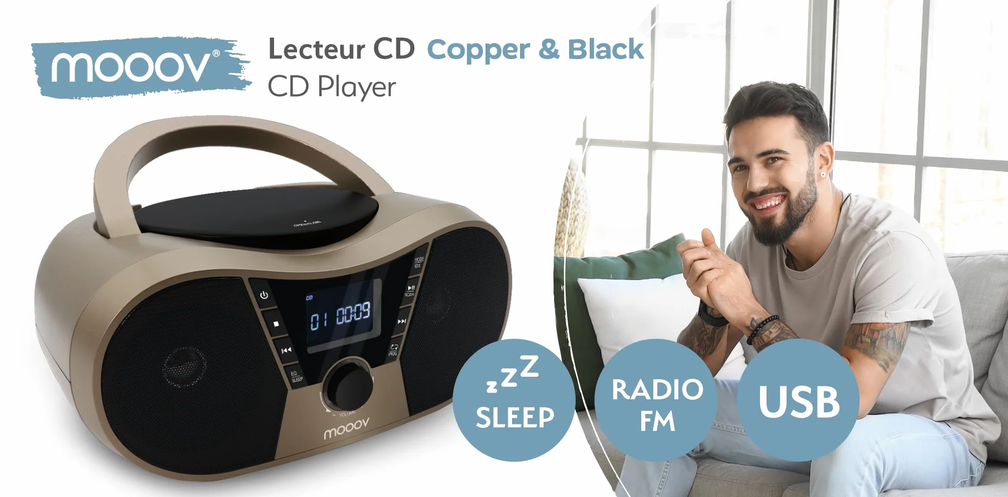 Mooov 477406 - Reproductor de CD portátil, Lector CD Audio CD-R/CD-RW, Radio FM, Puerto USB para MP3, Sonido estéreo de 4W, asa ergonómica, Funciones Sleep e ID3, Copper & Black