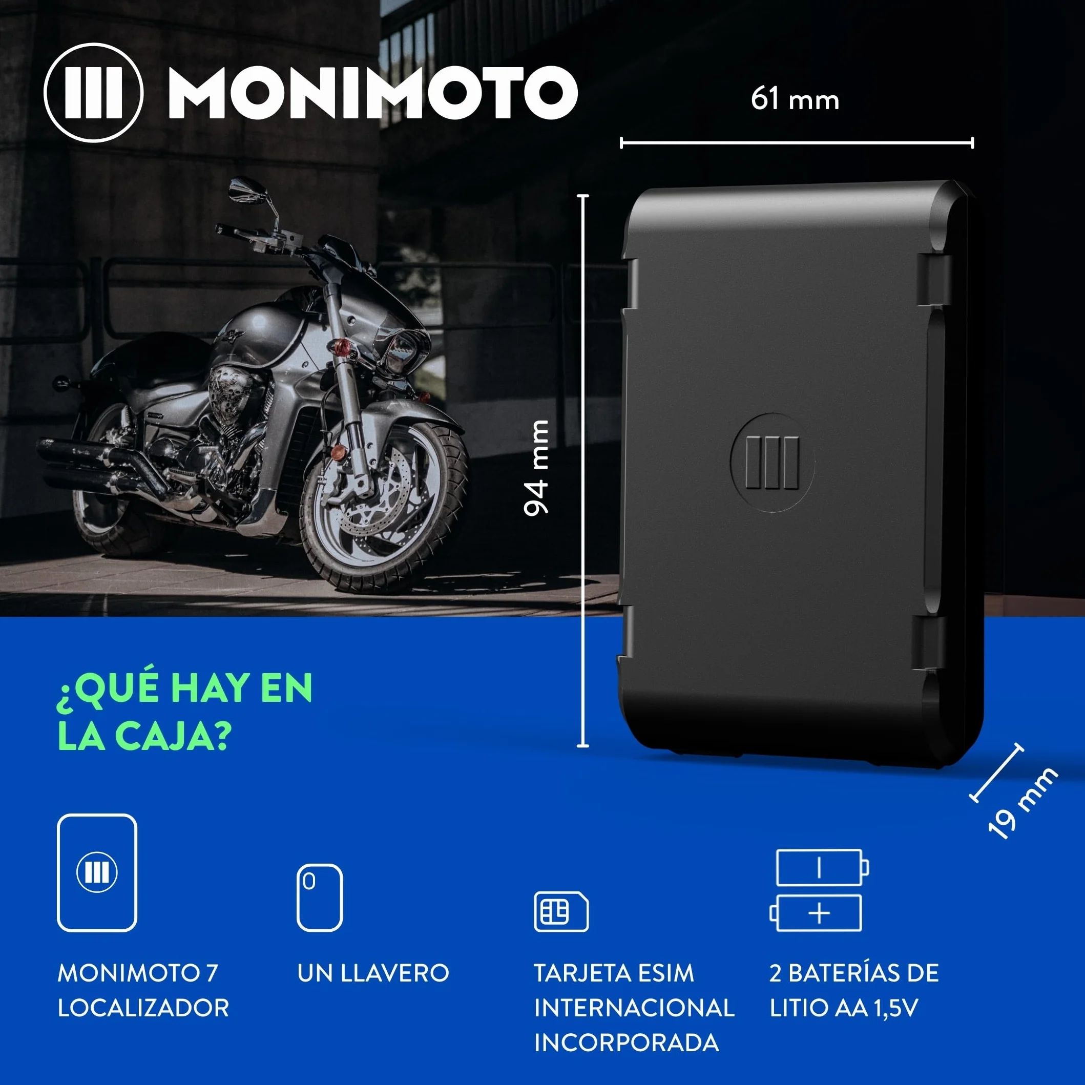 MoniMoto 7 Localizador GPS para Motos y Coches | Fácil Instalación | Sin Cables | Gran Autonomía. Sistema Antirrobo | Alarma con Aviso al Móvil. Mini GPS Tracker Internacional