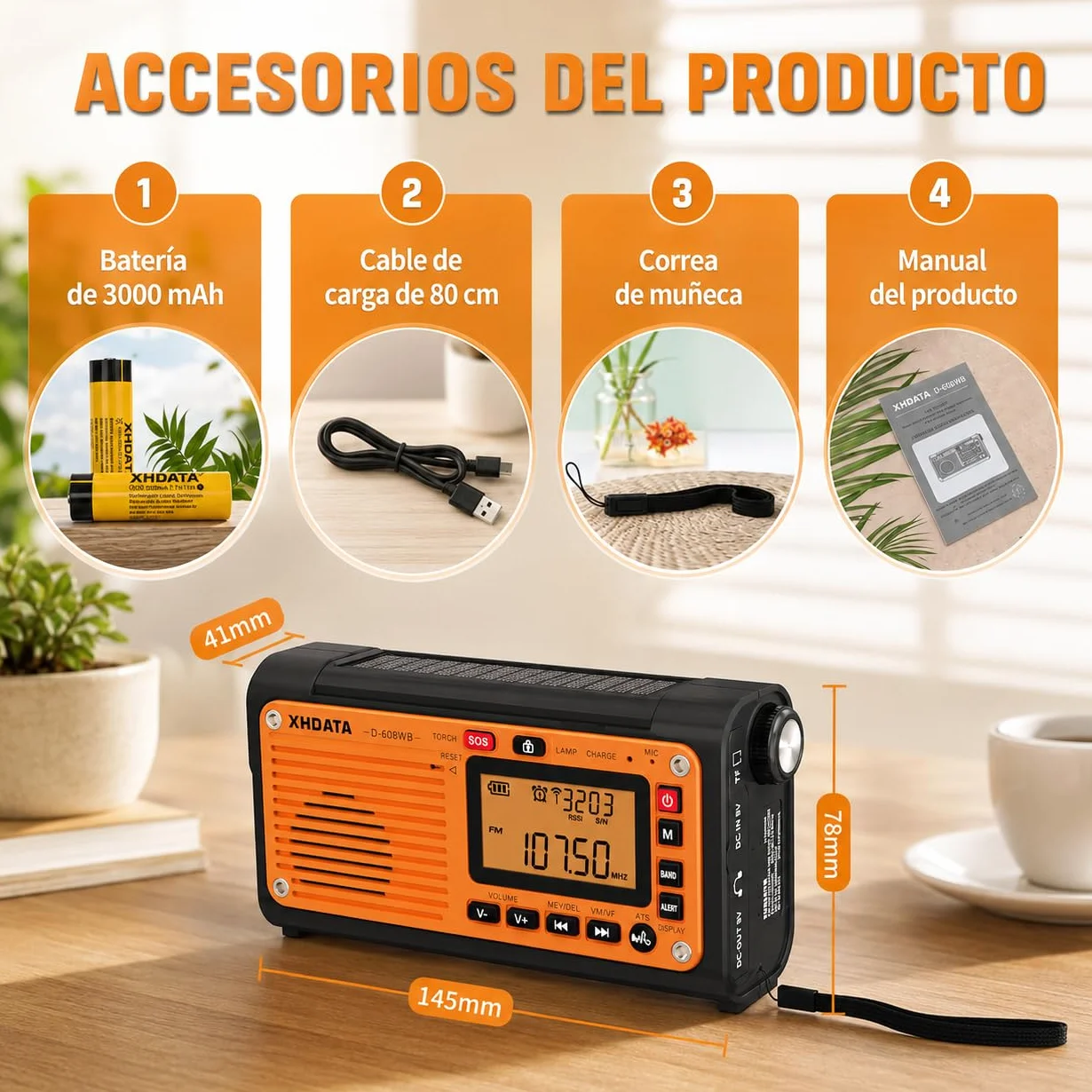 XHDATA D608WB Radio de Emergencia Portátil FM/AM/SW Manivela Solar 3000mAh con Alarma SOS y Bluetooth