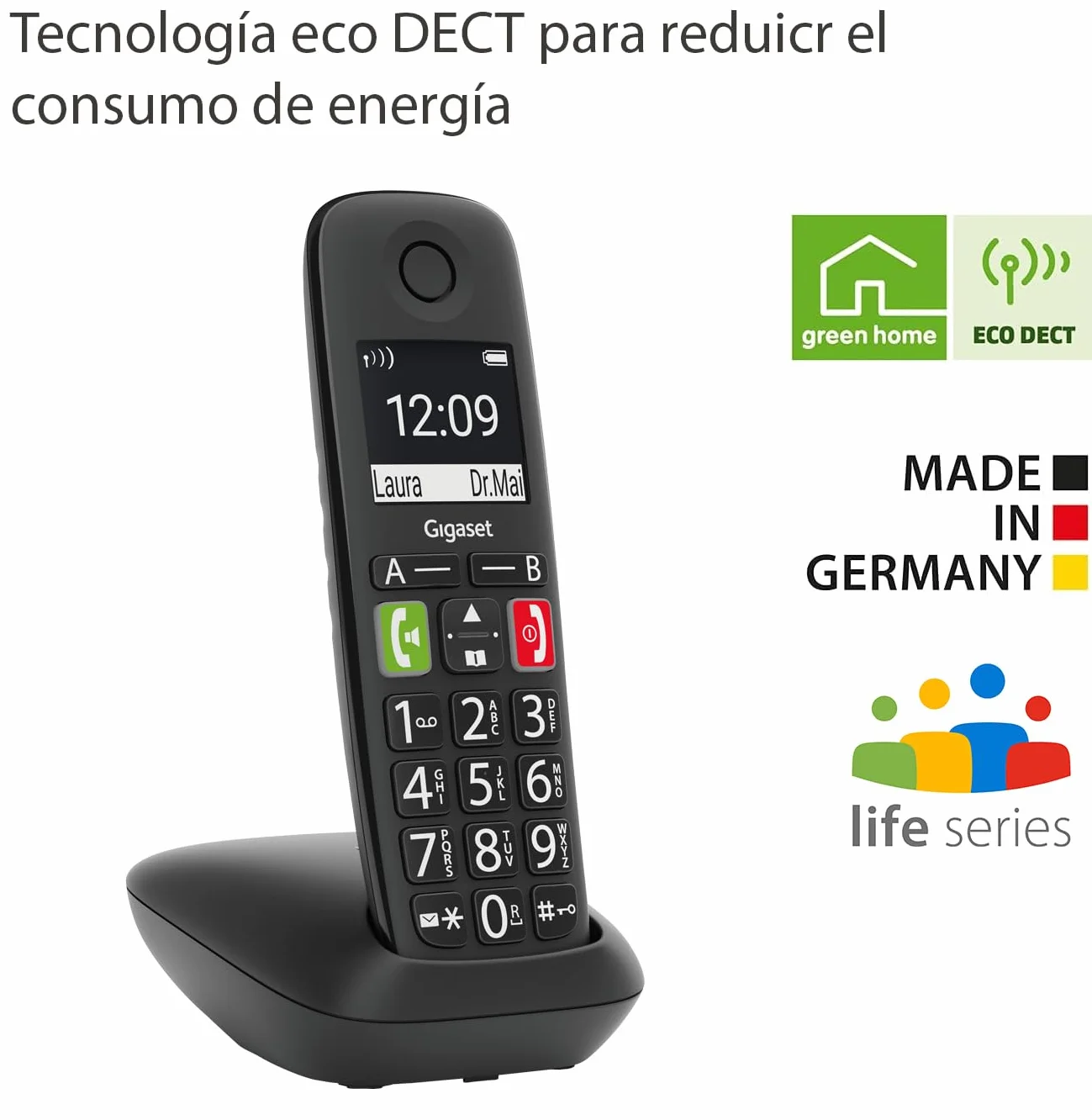 Gigaset E290 Teléfono DECT Inalámbrico Botones Grandes Pantalla Iluminada Blanco y Negro Control de Volumen Negro