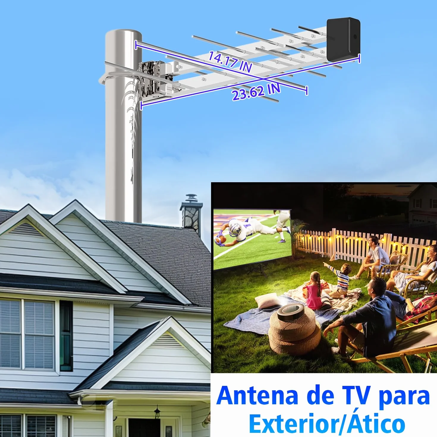 Antena TDT Exterior para Smart TV, Recepción UHF/VHF, DVB-T2/DVB-T, HD 4K/1080P, Resistente al Clima, Cable Coaxial 10m