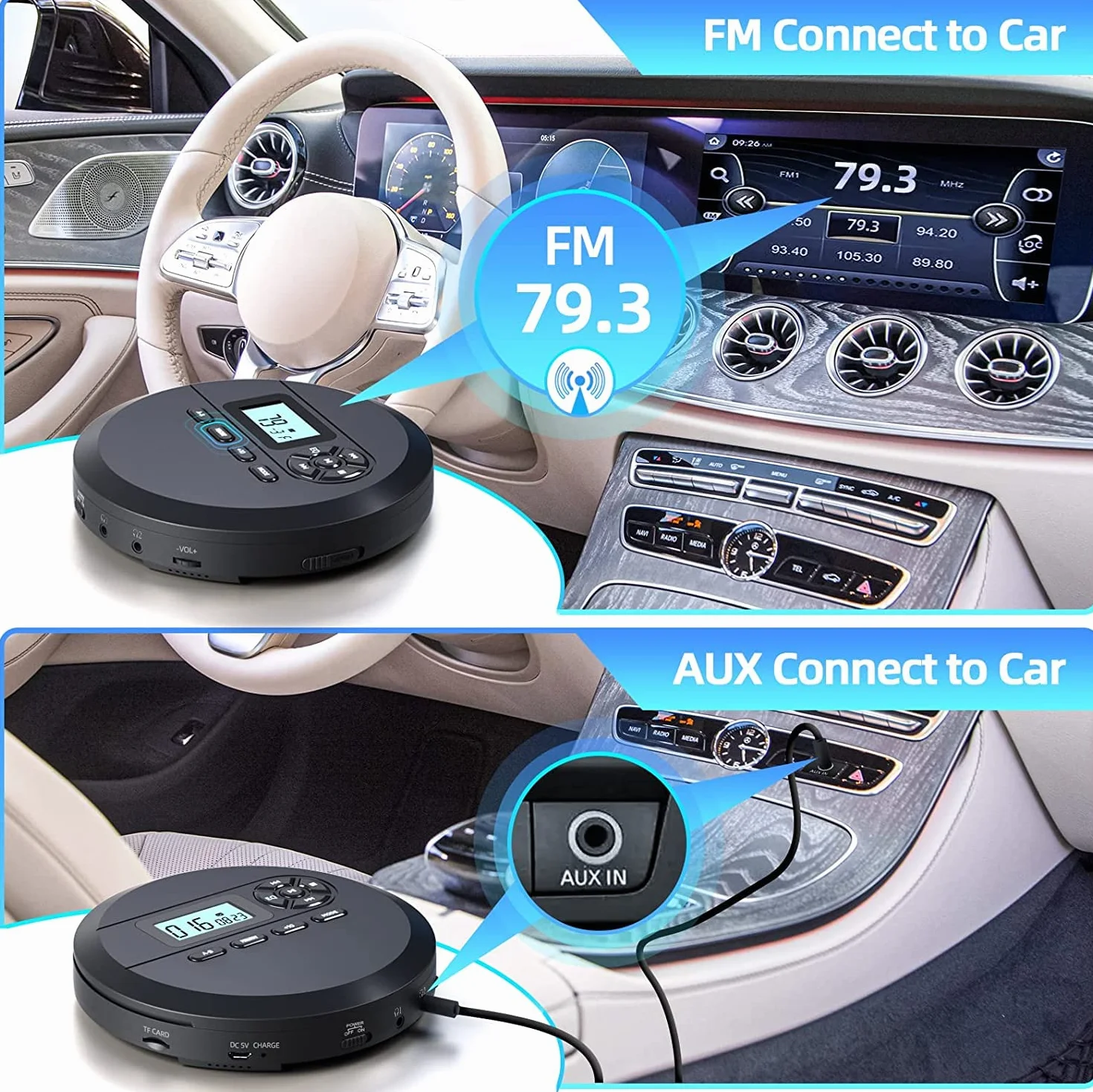 DESOBRY Reproductor CD Portátil con Altavoces FM, 2000 mAh, Pantalla LCD