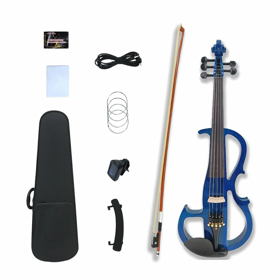 Viola eléctrica azul 4/4 juego de viola silenciosa de tamaño completo para principiantes, adultos y adolescentes, viola de madera maciza con accesorios de ébano, kit de regalo para