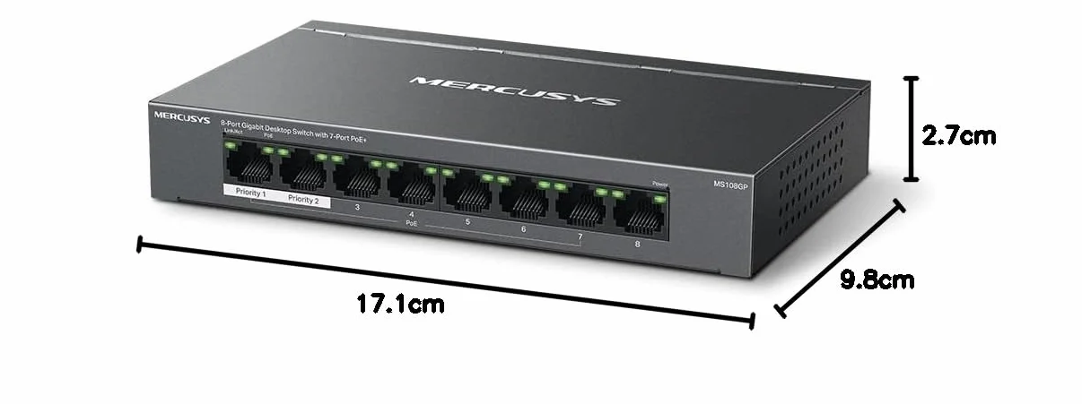 MERCUSYS MS108GP - Switch Gigabit RJ45 de 8 Puertos, 7 PoE+ Puertos,transmisión PoE hasta 250 Metros, LAN Ethernet 10/100/1000 Mbps, Plug and Play, Pequeño, Carcasa Plástico