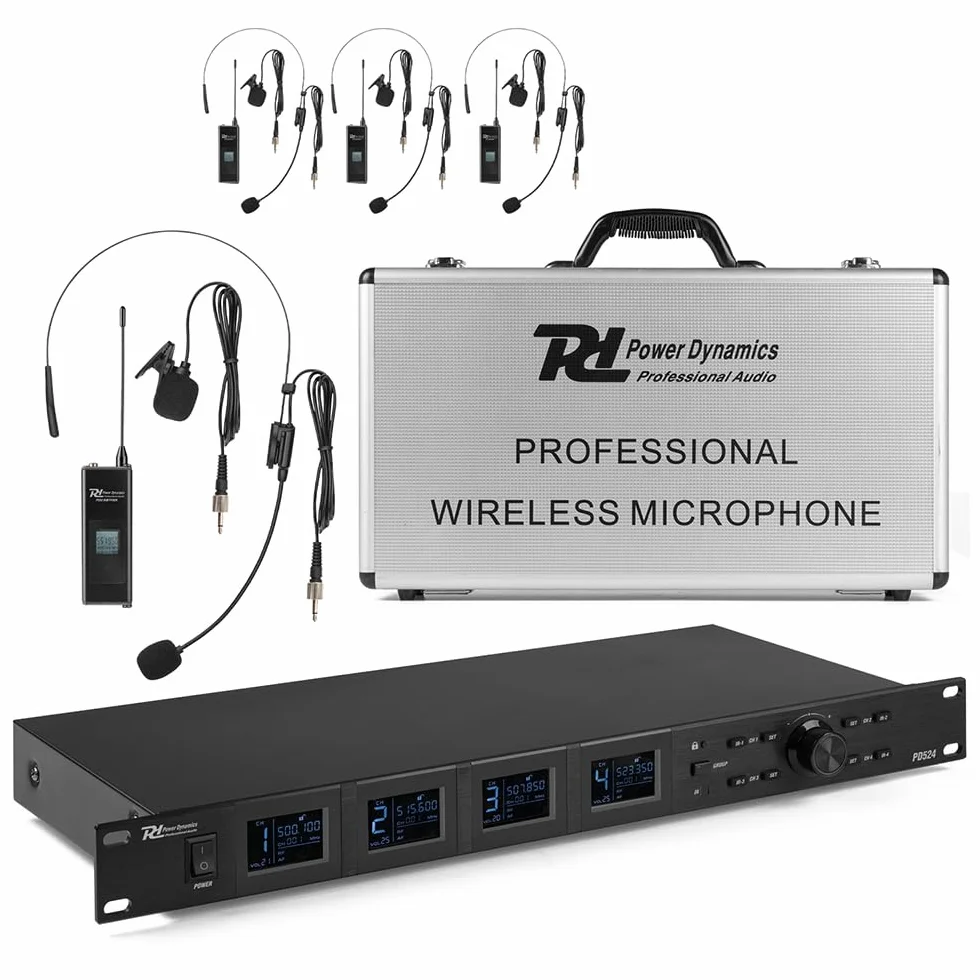 Power Dynamics PD524B Sistema de micrófono inalámbrico UHF con 4X Bodypacks, Micro de Solapa inalámbrico, Micro de Diadema inalámbrico, Recargable por USB, transmisión Infrarrojos, Ideal para Eventos