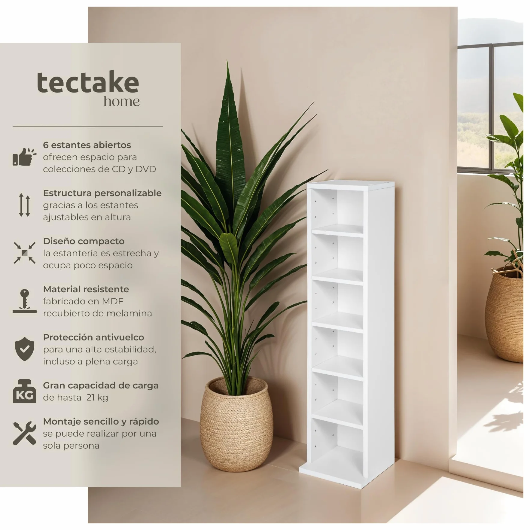tectake® Estantería de Pared, Efecto Madera, 6 Compartimentos, Estantes Ajustables en Altura, para 102 CDs, Fácil de Montar, Almacenamiento, Decoración Habitación, Muebles Salón, Librería - Blanco