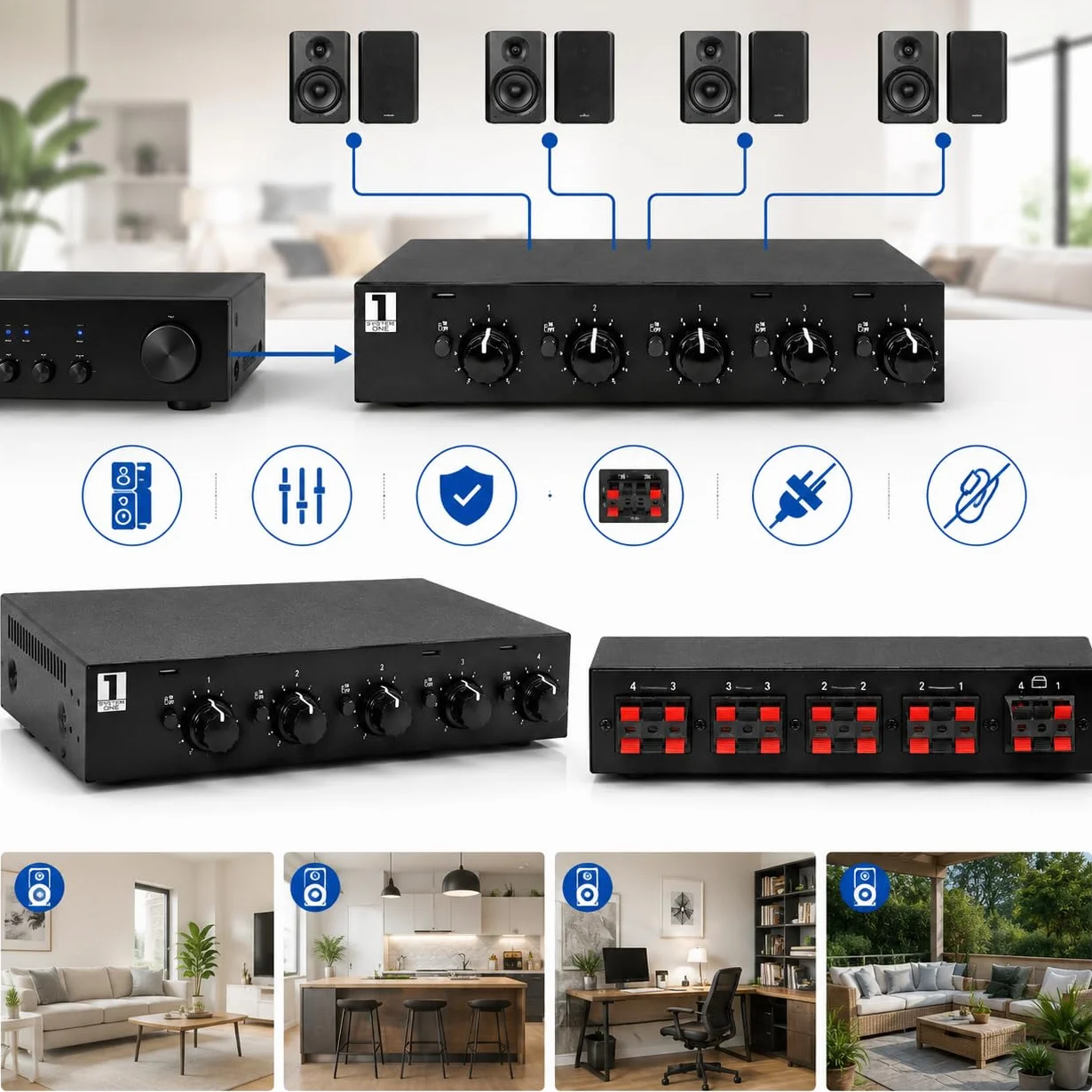 System One SC4B - Selector para 4 Pares de Altavoces con Control de volúmen.