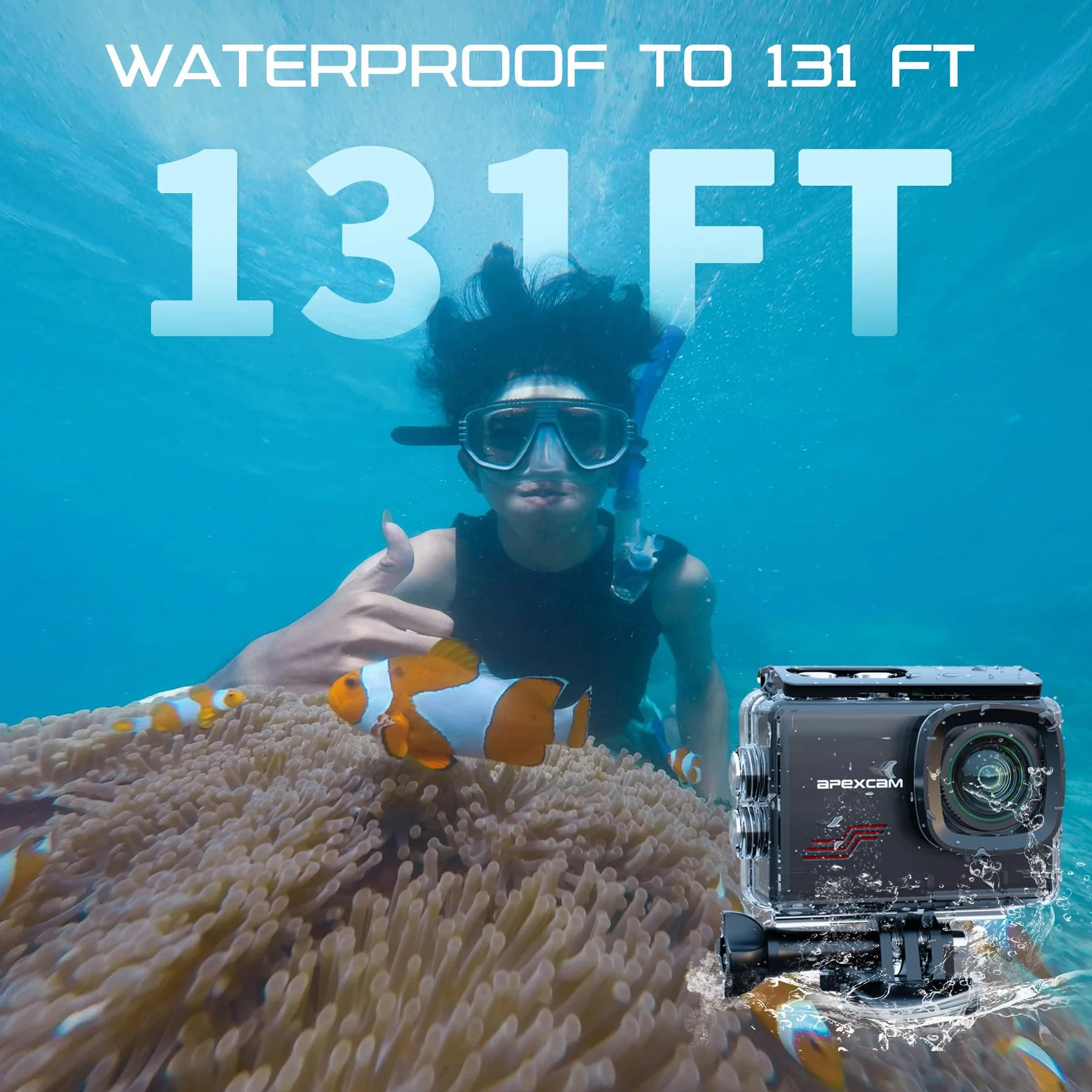 Apexcam M80PRO Cámara Deportiva con Pantalla táctile 4K 48MP Cámara de Acción con 64G Tarjeta Cámara Subacuática Impermeable 40M con 8X Zoom y 2 * 1350 Baterías Kit Accesorios