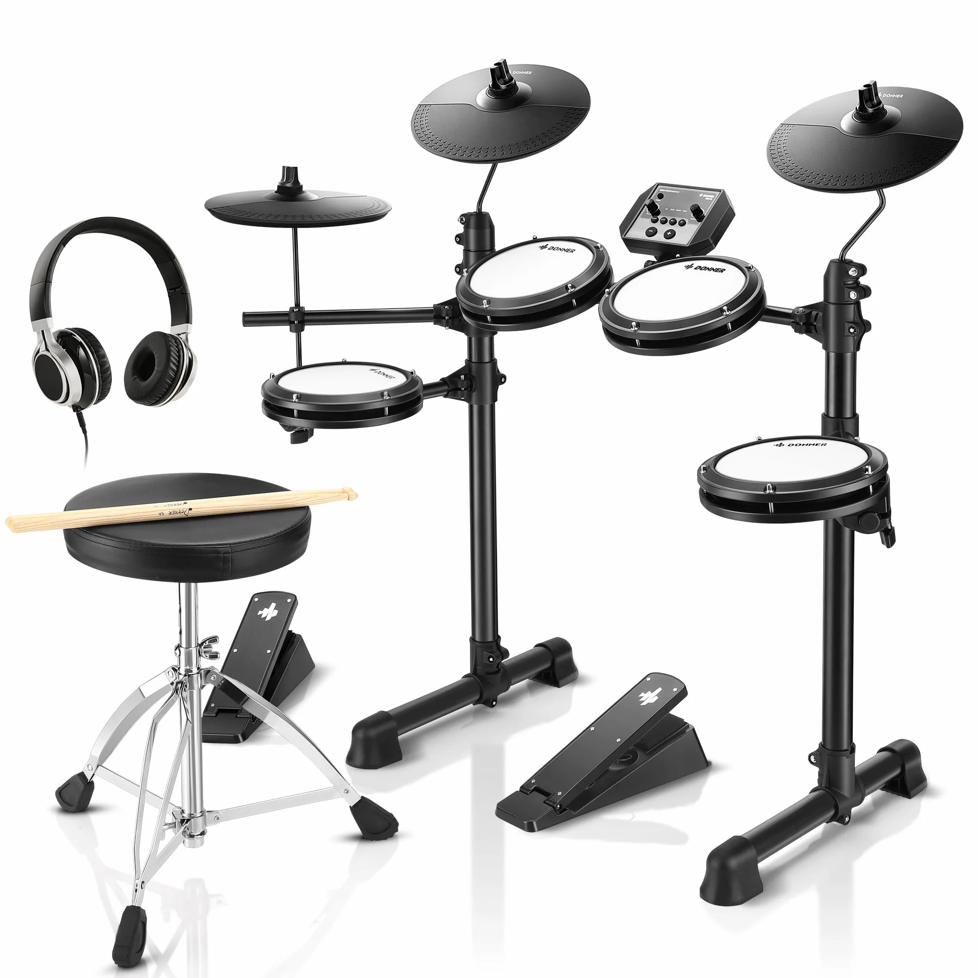 Donner DED-80 Batería Electrónica Musical de 7 Piezas con Parches de Malla,180 sonidos,Drum Throne, Headphone, Sticks,Kids Christmas Birthday Gift, 40 Melodics Lessons