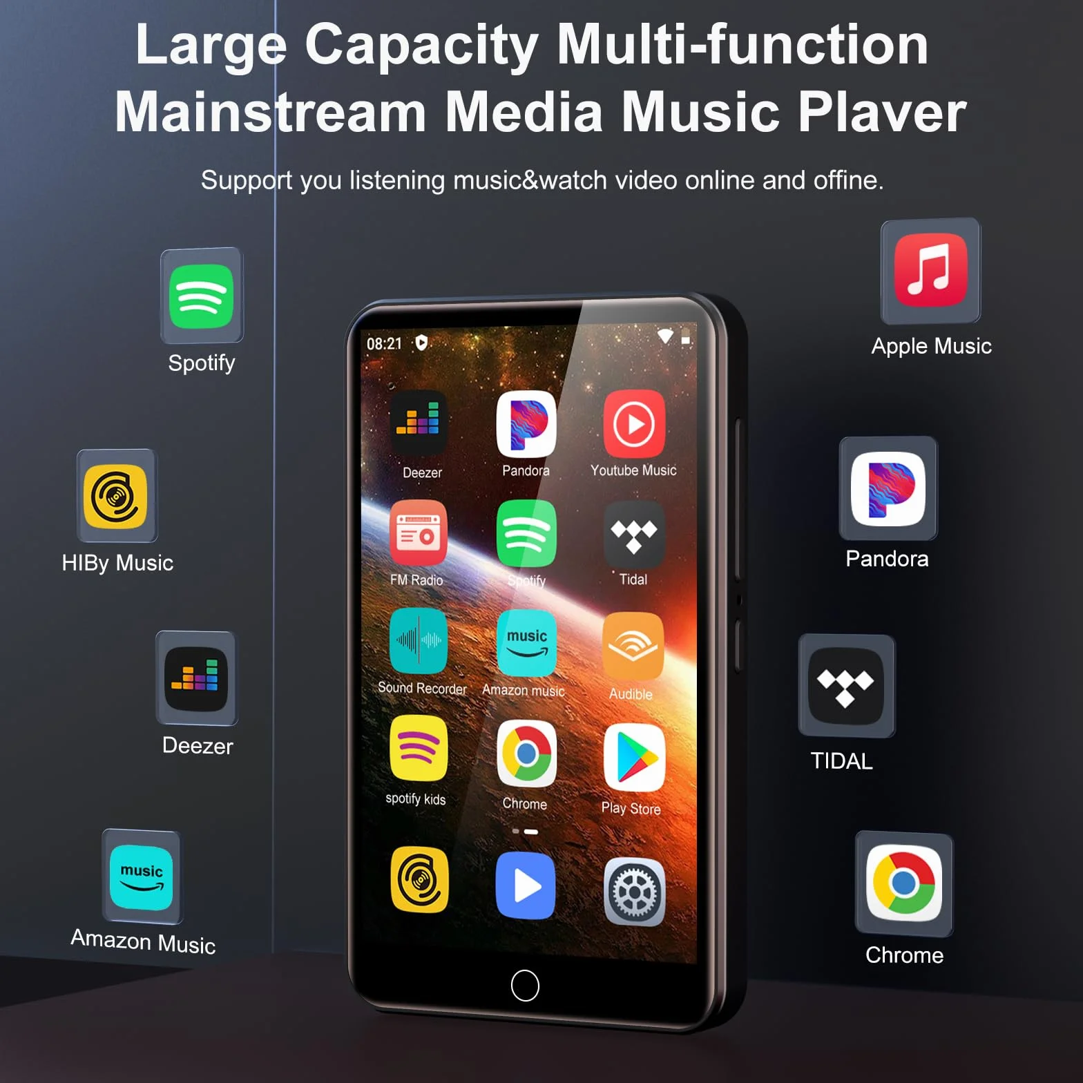 Android Reproductor MP3 con Bluetooth y WiFi, Reproductor MP4 de 80GB con Spotify, Amazon Music, Audible, Play Store, Radio FM, Reproductor de música con Pantalla táctil de 4,0 Pulgadas y Altavoz