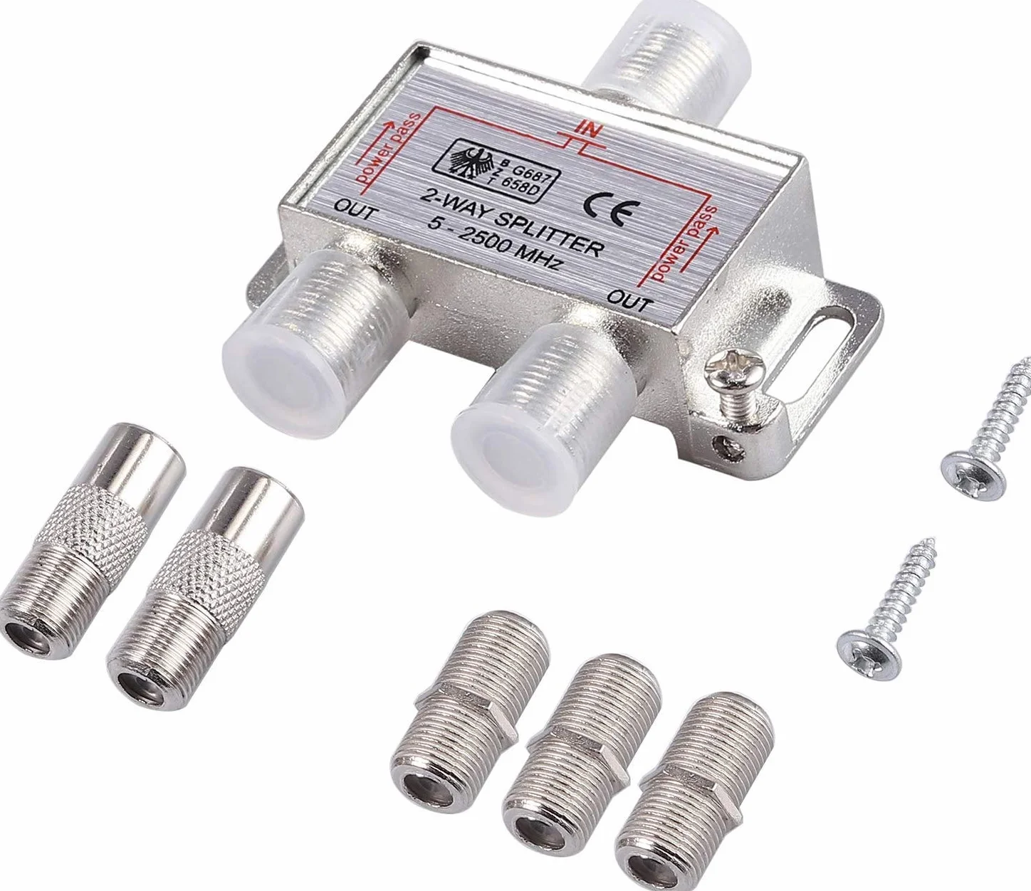2 Vías Divisor de TV SAT 5-2500MHz Adaptador de Enchufe F Cable Distribuidor de Antena Splitter SAT Distribuidor de TV + 2 x Cable 1,5 m + 1 x F al Adaptador Coaxial + 1 x F a F Inline Joiner